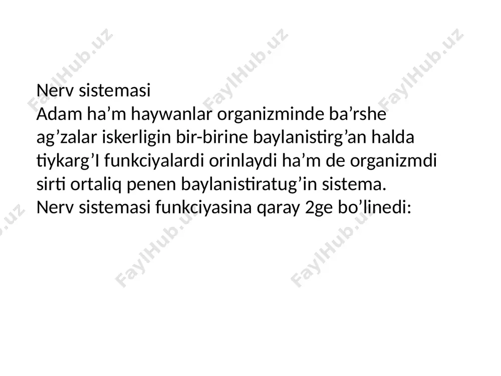zaqimlaniwi dem aliwdin hám júrek jumisiniń toqtap qaliwina alip keledi. uzinsha miy–bas miydiń eń tómengi bólimi bolip, oniń tómengi beti arqa miyge, joqari bólimi bolsa miy kópirshesine tutasqan. oniń uzinliģi 3‐3.5 sm, massasi ortasha 8 gr boladi. uzinsha miydiń zaqimlaniwi dem aliwdin hám júrek jumisiniń toqtap qaliwina alip keledi. orta miy (tezepserpakt)–bas miydiń araliq miy menen varoliy kópiri arasinda jaylasqan bólegi. miy ayaqshalari, tórt tóbelik plastinkasi hám ayaqshalri arasinda jaylasqan miy suw jolinan ibarat. nerv sistemasiniń gigienasi • ósip kiyatirģan jas áwladtiń salamatluģin saqlaw máselesi keń mánistegi túsinik bolip, oqiwshiladiń sharshawi, yaģniy taliģiwi hám qatti sharshawiniń aldin aliw waziypasin óz ishine aladi, bul birinshi náwbette oqiwshiniń qatti taliģina jol qoymaw menen baylanisli nerv sistemasiniń gigienasi • ósip kiyatirģan jas áwladtiń salamatluģin saqlaw máselesi keń mánistegi túsinik bolip, oqiwshiladiń sharshawi, yaģniy taliģiwi hám qatti sharshawiniń aldin aliw waziypasin óz ishine aladi, bul birinshi náwbette oqiwshiniń qatti taliģina jol qoymaw menen baylanisli. …