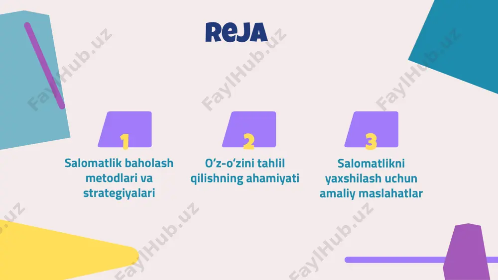 todlarini o‘z ichiga oladi, bu esa o‘zgarishlarga moslashishga imkon beradi. o‘z-o‘zini baholashda foydalaniladigan asboblar o‘z-o‘zini baholash jarayonida turli asboblar mavjud. ular orasida testlar, anketalar va onlayn platformalardan foydalanish mumkin. ushbu asboblar baholash jarayonini osonlashtirib, aniq natijalar olishga yordam beradi. o‘z salomatligini baholashda qaysi parametrlarni e'tiborga olish kerak salomatlik baholashda e'tiborga olinadigan asosiy parametrlar – jismoniy faoliyat, ovqatlanish odatlari, psixologik holat va tibbiy ko‘riklar. ushbu parametrlar o‘z-o‘zini baholash jarayonida muhim rol o‘ynaydi. salomatlik baholashida psixologik omillar psixologik holatlar, masalan, stress va depressiya, salomatlik baholashida muhim rol o'ynaydi. ushbu holatlar odamlarning salomatlikni qabul qilishiga va o'z-o'zini baholash metodlariga ta'sir qiladi. stress va depressiya kabi psixologik holatlar, insonning o'z salomatligini qanday baholashiga ta'sir ko'rsatadi. bu holatlar, bir tomondan, salomatlikni yomonlashtirishi, boshqa tomondan esa, o'z-o'zini baholash jarayonini murakkablashtirishi mumkin. psixologik omillarni aniqlash uchun turli usullar mavjud. bunga so'rovnomalar, intervyular va psixologik testlar kiradi. ushbu metodlar yordamida odamlarning psixologik holati va salomatlik baholashiga ta'sir ko'rsatuvchi …