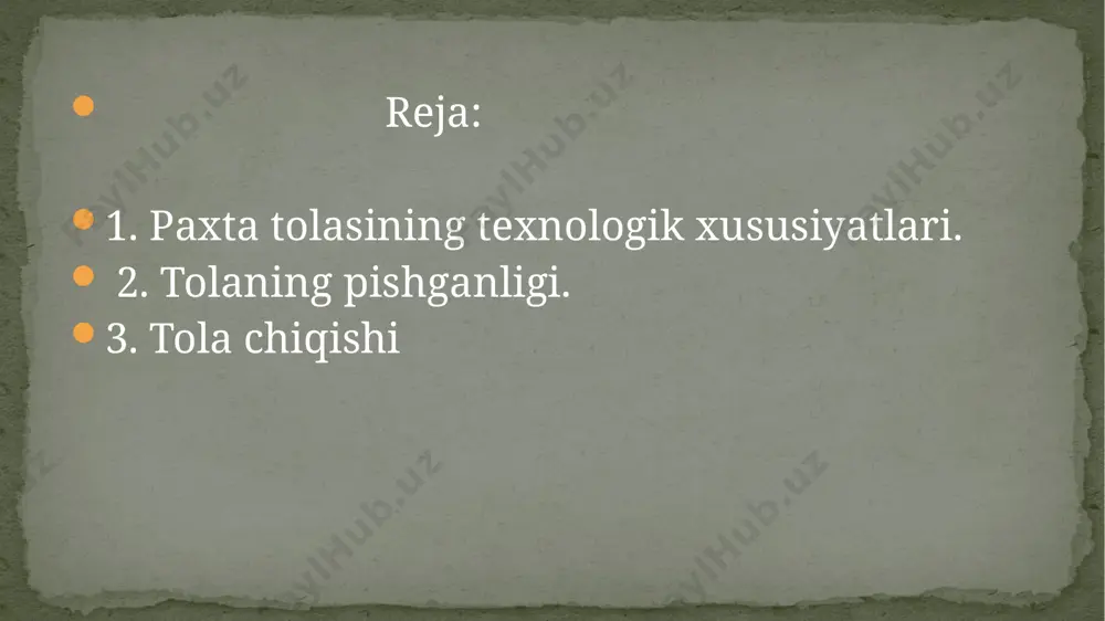 g tola bo‘yiga bir tekisda bo‘lishi katta ahamiyatga ega. tolaning pishganligi - uning sifat ko‘rsatkichlaridan biri bo‘lib, tola devorlarida sellyuloza qavatlarining paydo bo‘lish darajasiga qarab aniqlanadi. tolaning pishiqligi tuproq va iqlim sharoitiga, shuningdek, qo‘llaniladigan agrotexnik tadbirlarga, ekilgan navga qarab ma’lum darajada o‘zgaradi. tolaning lentasi kengligining uning kanali kengligiga nisbati tolaning pishganligini harakterlaydi. tolaning pishganligini aniqlash uchun tola maxsus mikroskop ostiga qo‘yiladi va tola pishish shkalasiga solishtiriladi. shkalada tolaning pishganligi 0 dan 5 gacha, 0,5 tadan qilib bo‘lib 11 ta gradatsiyada ko‘rsatiladi. shkalada o‘lik tolaning koeffitsienti 0,0, o‘ta pishgan tolaniki esa 5,0 deb qabul qilingan. yaxshi rivojlangan tolaning pishganlik koeffitsienti 2-2,5 raqami bilan ko‘rsatiladi. tolaning uzilish kuchi- bita tolani cho‘zganda gramm hisobida qancha kuch sarf qilinganligi shu tolaning uzilish kuchi deb yuritiladi va grammg’kuch (gg’k) yoki n’yuton bilan ifodalanadi. tolaning uzilish kuchi uning pishiqligini va uzunasiga cho‘zuvchi kuch ta’siriga chidamliligini bildiradi. shuning uchun tolaning uzilish kuchi uning devorchalarining qalinligiga bog‘liq. tolaning …