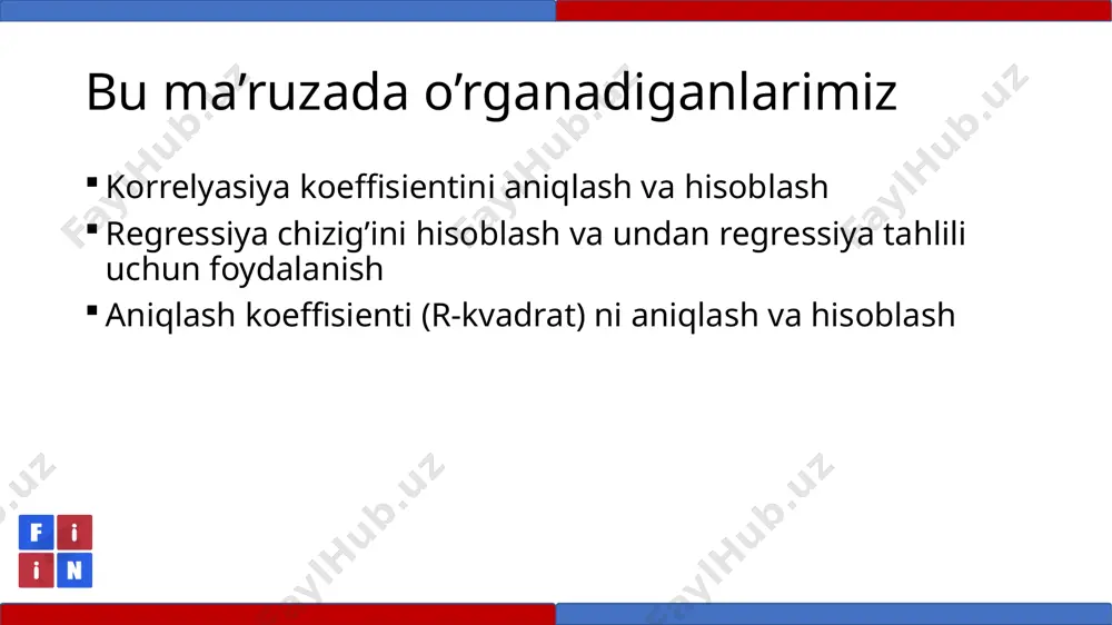 chovi cov > 0 ikkita o’zgaruvchi bir hil yo’nalishda harakatlanadi (to’g’ri proporsional) cov <0 ikkita o’zgaruvchi qarama-qarshi yo’nalishda harakatlanadi (teskari proporsional) ko’rsatkichlar orasidagi bog’liqlikni o’lchash korrelyasiya koeffisienti ikkita o’zgaruvchi o’rtasida bog’liqlik darajasini o’lchovchi korrelyasiya koeffisienti quydagi formula orqali topiladi. rxy –x va y o’zgaruvchilari orasidagi korrelyasiya koeffisienti xi – x o’zgaruvchining qiymatlari x̅ – x o’zgaruvchining o’rtacha qiymati yi – y o’zgaruvchining qiymatlari ȳ – y o’zgaruvchining o’rtacha qiymati korrelyasiyani hisoblash anvar investor sifatida s&p500 indeksi va apple aksiyalari indeksini orasida korrelyasiyasi darajasini o’rganmoqchi. unda quydagi ma’lumotlar mavjud: s&p 500 apple 2017 2275 29,48 2018 2743 39,1 2019 2531 38,07 2020 2541 79,58 2021 3756 127,14 korrelyasiyon tahlil yordamida anvarga apple.inc aksiyalari s&p500 ga nisbatan qanday harakatlanishini baholashda yordamlashing. korrelyasiyani hisoblash = = 0.876 = korrelyasiya koeffisenti s&p 500 indeksi va apple inc. kompaniyasi aksiyalari indeksi orasida yuqori musbat korrelyasiya mavjudligi ko’rsatdi. bu indekslar bir hil yo’nalishda harakatlanar ekan. korrelyasiyani …