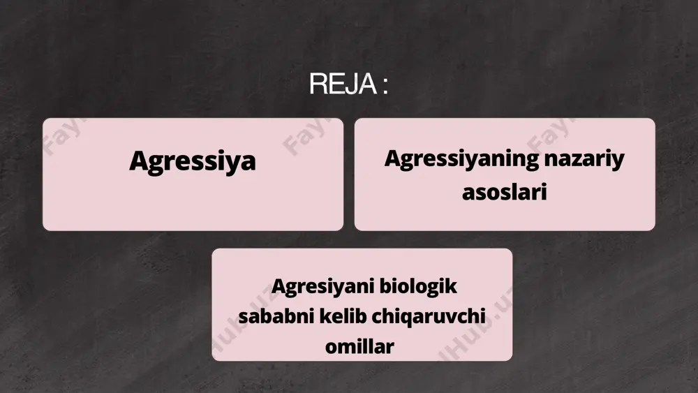 rajasi; 2. maqsadga erishish yo„lidagi to„siqning kuchi; 3. frustratsiyalarning ketma-ket uchrash soni. agressiv xulq-atvorning kelib chiqish sabablari haqidagi eng zamonaviy nuqtai nazar bilishning kognitiv nazriyasi bilan bog‟liq holda ifodalanadi. bu konsepsiyada agressiv harakatlar quyidagi jarayonlarning natijasi sifatida baholanadi: subyektning o‟z agressiv xulq-atvorini ijobiy deb baholashi; frustratsiyaning mavjudligi; affekt yoki stress tipidagi emotsional qo‟zg‟alishning kuchliligi; e`tiboringiz uchun rahmat