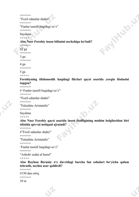 ish va olti bobdan iborat ====== 7 bobdan iborat ====== 3 bobdan iborat ====== kirish va 2 bobdan iborat +++++ ibn sinoning “asbob” asari kimga bag‘ishlangan? ====== #abu mansur muhammad ibn ali ibn umarga ====== abu ubaydaga ====== hech kimga bag‘ishlanmagan ====== beruniyga +++++ ibn sino nutq tovushlarini hosil qiluvchi nechta jihatni ko‘rsatib o‘tadi? ====== #uch jihatni ====== ikki jihatni ====== besh jihatni ====== to‘rt jihatni +++++ ibn sino nutq tovushlarini tasniflar ekan, undoshlar uchun qaysi atamani qo‘llaydi? ====== # samita ====== musannita ====== aks sado ====== savt +++++ til faqat individga xos hodisa. ushbu fikr muallifi kim? ====== # shleyxer ====== g. paul ====== vundt ====== sossyur +++++ mikrolingvistika... ====== # tilning faqat ichki, ya’ni fonetik, leksik va grammatik tuzilishini o‘rganadi. ====== tilni boshqa fanlar bilan qo‘shib o‘rganadi. ====== tilni boshqa fanlar bilan aloqadorlikda o‘rganadi. ====== tilni ichki va tashqi tomonini o‘rganadi. +++++ makrolingvistika… ====== # tilning paydo bo‘lishi …