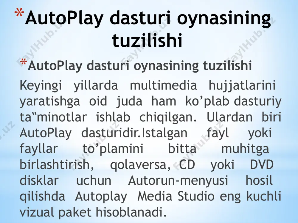 vchi menyuni, kataloglar daraxtini, ma’lumotlar bazasini va shunga o’xshash obyektlarni nafaqat tez yaratish, balki ularni boshqarish ham mumkin. avtomatik ishga tushuvchi oynalarni o’zining kutubxonasidagi “niqob”lardan foydalangan holda ixtiyoriy shaklda (formada) yaratish mumkin. bunday “niqob” sifatida .jpg, .bmp va .png kabi formatdagi fayllardan foydalanilsa ham bo’ladi. qolaversa, ma’lumotlarni cd uchun tayyorlagan holda uni dasturning o’zidan turib, cd yoki dvdga yoza olishi autoplay media studio dasturi naqadar keng imkoniyatlarga ega ekanligini ko’rsatadi. tayyor loyiha bunda .exe kengaytmali fayl sifatida o’zi ochiluvchi arxiv ko’rinishda yoki qattiq diskdagi alohida papkada shakllantirilishi mumkin. bundan tashqari, dasturga matnni orfografik tekshirish imkoniyati ham kiritilgan. dasturning bu xossasi uning label, paragraph va button kabi obyektlari bilan birga ishlaydi. agar dastur kompyuterga to’liq versiya bilan o’rnatilgan bo’lsa, matnni orfografik tekshirish uchun uning kutubxonasida juda katta hajmdagi lug’atlar bo’lishi mumkin. shunday qilib, autoplay media studio 7.0 ning yangi versiyasi quyidagi imkoniyatlarga ega holda iste’molga chiqarilgan : 1. avtomatik ishga tushuvchi …