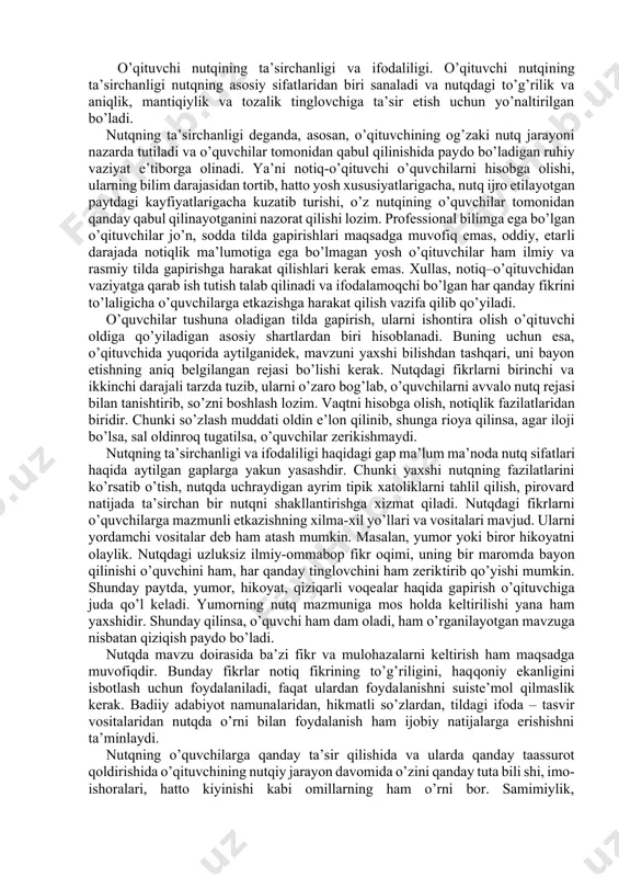 . uning paydo bo’lishi, lisoniy asosi, talab va mezonlari adabiy til va uning normalari bilan bog’liq. notiqlik san’ati uchun bular asosiy belgilar emas. notiqlar orasida adabiy til talablariga to’la amal qilmaydiganlar, ma’lum vaqtgacha, shevada ham chinakam notiqlik san’atini namoyish qilib kishilar qalbiga qizg’in ta’sir qiluvchi kishilar uchraydi. so’zga chechanlik, notiqlik, til materialining xarakteriga qarab emas, balki, notiqning chinakam so’z ustasi ekanligiga, tinglovchilarni o’ziga jalb etishida, ta’sirchan nutqiy san’atiga qarab belgilanadi. 2. notiqlik – bu nutqning og’zaki shakli. notiqlik san’ati og’zaki nutq san’atidir. nutq madaniyati esa nutqning ham og’zaki, ham yozma shakli uchun taalluqli bo’lgan tushunchalardir. 3. nutq madaniyati jamiyat a’zolarining umumiy nutqiy faoliyatini nazarda tutadi. nutq madaniyati sohasining maqsadi va pirovard orzusi yosh avlod nutqini madaniylashtirishni mo’ljallaydi. chin ma’nodagi notiqlik san’ati esa, alohida shaxslarning nutqiy mahoratini va san’atini ifodalaydi. notiqlik, asosan nutq vositasida o’qituvchilar jamiyat talablari asosida yosh avlodga muayyan ta’lim va tarbiya beradi, yuqori malakali, raqobatbardosh, o’zining mustaqil fikriga …