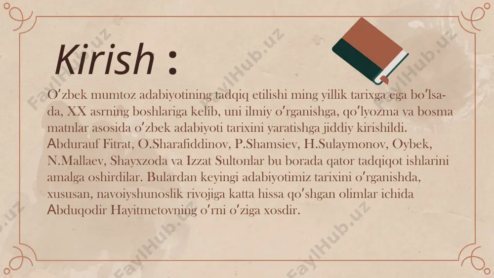 illarda hikoya va maqolalar yozish bilan boshlangan. keyinchalik u faqat ilmiy tadqiqot ishlari bilan shug‘ullangan va uning ilmiy faoliyati, asosan, buyuk o‘zbek shoiri alisher navoiy ijodini o‘rganishga bag‘ishlangan. abduqodir hayitmetov «alisher navoiyning adabiy-tanqidiy qarashlari» (1959), «navoiy lirikasi» (1961), «navoiyning ijodiy metodi» (1963), «sharq adabiyotining ijodiy metodi tarixidan», «navoiy dahosi» (1970), «hayotbaxsh chashma» (1974), «navoiyxonlik suhbatlari» (1993) kabi asarlari bilan navoiyshunoslik fanini yangi bosqichga ko‘targan. u 500 ga yaqin ilmiy maqolalar, monografiya va risolalar e’lon qildi, «o‘zbek mumtoz adabiyoti tarixi»ning akademik nashrini tayyorlashda rahbar va hammuallif sifatida jonbozlik ko‘rsatdi, ulug‘ ajdodlarimiz haqidagi «alisher navoiy», «abu rayhon beruniy» kabi hujjatli filmlarni yaratishda faol ishtirok etdi. a.hayitmetovning adabiy-ilmiy faoliyati abduqodir hayitmetov ilmiy faoliyatining muhim qismini o‘zbek mumtoz adabiyoti tarixini yaratish bilan bog‘liq ishlar tashkil etadi. uning ilmiy rahbarligi va bevosita ishtirokida o‘zbek tilida 5 jildli (1977—80), rus tilida 2 jildli (1991-92) «o‘zbek adabiyoti tarixi» yaratilgan. bundan tashqari, olim 4 jildli «o‘zbek adabiyoti» majmuasi, …