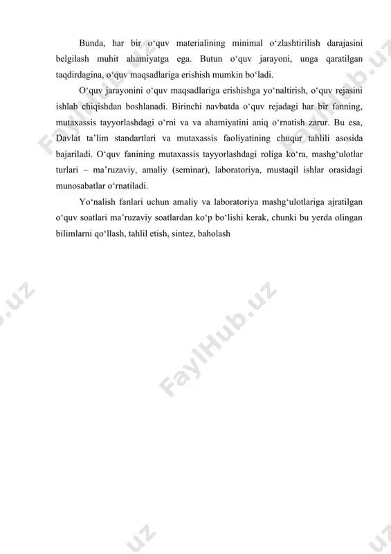 i maqbullashtirish hisoblanadi. o‘qitish jarayonining samaradorligi nuqtai nazardan, bir haftaga ajratilgan auditoriya soatlarning eng kam miqdori to‘rt soatni tashkil etishi kerak. haftalik auditoriya soatlari bundan kam bo‘lgan fanlar uchun o‘quv jarayonini blokli tashkil etish tavsiya etiladi. o‘quv maqsadlariga erishishda, o‘quv jarayonining muhim tarkibiy elementi sifatida, o‘qitish jarayonini samarali tashkil etishga alohida o‘rin ajratiladi. shaxsga yo‘naltirilgan o‘qitish texnologiyalari samarali hisoblanadi. o‘qitishning ushbu texnologiyalari, talabaning tabiiy qobiliyati darajasida fanlarni o‘zlashtirish uchun sharoit yaratadilar, shaxs rivojiga imkoniyat tug‘diradilar. o‘qitishning rejalashtirilgan natijalariga kafolatli erishish, o‘qitish jarayonini texnologik tashkil etish va boshqaruvchanligi orqali ta’minlanadi. o‘qitish jarayoni sifati, olingan bilim va malakalarni muntazam joriy diagnostik testlar o‘tkazish, o‘qitish jarayoniga zamonaviy pedagogik texnologiyalar vosita va usullari yordamida tuzatishlar kiritish, orqali ta’minlanadi. rejalashtirilgan natijalarga erishilganlik, yaknuniy nazorat orqali baholanadi. pedagogik texnologiya, ishlab chiqarish-texnikaviy sohaning jarayonlariga xos barcha texnologik belgilarga ega, shu jumladan uning qayta takrorlanishi, ushbu belgi, tuzilgan pedagogik-texnologik xaritalarni qo‘llash orqali ta’minlanadi. shuning uchun pedagogik texnologiyada, o‘qitish …