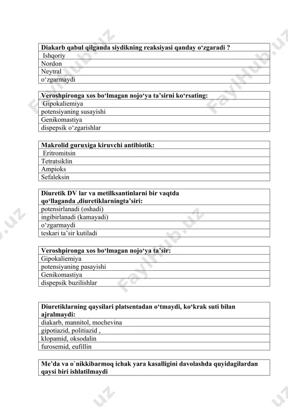 azol. urosulfan, sulgin. sulfalen, sulfadimetoksin giperxrom anemiya deganda nimani tushunasiz. еritrotsitlar miqdoriga nisbatan, shu eritrotsitlar tarkibidagi gemoglabin miqdorini yuqori bo`lishi va esheritrotsitlarni periferik qonda bo`lishi. еritrotsitlar soni normadan kam bo`lishi еritrotsitlar tarkibidagi gemoglabin miqdorini sezilarsiz kamaygan bulshi eritrotsitlar soni kamaygan bo`lib, eritrotsitlar tarkibidagi gemoglabin miqdorini normada bo`lishi. quyidagi dori vositalaridan organizmdagi immune biologic protsessni tezlashtiradiganlarini tanlang timalin deksametazon oksolin etambutol sil kasalligini davolashda ishlatiladigan dori vositasini ko`rsating. etambutol. intestopan pasomitsin meksaza anafilaktik karaxtlik /shok/ xolatini ko`pincha qaysi gurux antibiotiklari keltirib chiqaradi. penitsillinlar strepomitsin guruxi tetratsiklinlar. aminoglikozidlar bolalarda o`tkir zaxarlanganligini davolashda qaysi peshob xaydovchi vositalardan yuborish maqsadga muvofiq. furasemid. mannit uregit veroshpiron. nitro glitserin preparatini nojuya ta’sirini aniqlang. boshni laqillab og`rishi. ko`ngilaynash, qayt qilish. qonbosiminiko`tarilishi, boshaylanishi. brodikardiyavabigemeniya. kaptopril preparatining gipotenziv ta’sirini tushuntiring. antiangiotenzin ta’siri. neyrotrop ta’sir. miotrop ta’sir. diuretic ta’sir. siano kobolamin /vitaminv12/ preparatini ta’sirini ko`rsating. eritrotsitlarni ishlab chikarilishida katnashadi. eritropoezni susaytiruvchi ta’sir. eritropoezni tormozlaydi. eritropoezni uzgartirmaydi. ateroskleroz kasalligida beriladigan preparatlarni …