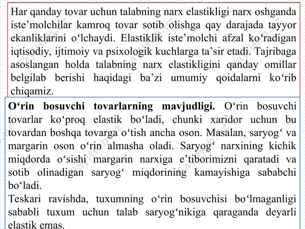 ʻzgarishiga biroz javob qaytarsa, tovar taklifi noelastik deyiladi. taklifning narx elastikligini hisoblash biz taklifning narx elastikligi haqida boshlangʻich ma’lumotga ega boʻldik, endi chuqurroq yondashamiz. taklifning narx elastikligi taklif miqdorining foizdagi oʻzgarishini narxning foizdagi oʻzgarishiga nisbati shaklida hisoblanadi, ya’ni: taklifning narx elastikligi = rasm 2. … taklif hajmini oʻzgartirmaydi 1.narx koʻtarilishi 1.narx ning 22 % ga koʻtarilishi 2. … taklif hajmini 10 % ga oshiradi 1.narx ning 22 % ga koʻtarilishi 1.narx ning 22 % ga koʻtarilishi 2. … taklif hajmini 67 % ga oshiradi 2.narx 4$ boʻlsa ishlab chiqaruvchilar taklif qiladilar 1.narx 4$ dan yuqori boʻlsa taklif cheksiz (a) mutloq noelastik taklif: elastiklik 0 ga teng (b) noelastik talab: elastiklik 0 ga teng narx narx narx narx taklifning narx elastikligi taklif egri chizigʻining tik yoki yotiq boʻlishini belgilab beradi. e’tibor berish kerakki, barcha foiz oʻzgarishlari oʻrta nuqta usulidan foydalanilgan holda hisoblaniladi miqdor miqdor miqdor 2. … taklif hajmini 22 % …