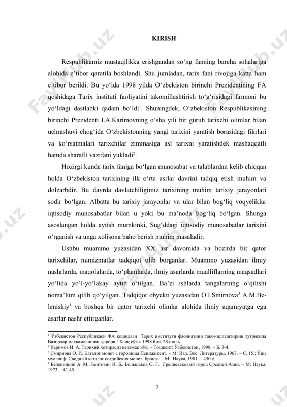 shloqlari orqali usturshonaga savdo mahsulotlarini eltganlar va sotganlar. panchning o‘zida zarbxona bo‘lib iqtisodiy masalalarda o‘z ehtiyojini qondirish uchun unda zarbxonaning bo‘lishi markaz samarqand qarshilik qilmagan. iqtisodiy tayanch sifatida samarqand va panjikentda zarbxonaning bo‘lganligi ahamiyatga egadir. malakaviy bitiruv ishi kirish, besh bob, ilova hamda foydalangan manba va adabiyotlar ro‘yxatidan iborat. ​​​​​​​​​​​​​ i-bob. ilk o‘rta asrlarda markaziy sug‘ddagi iqtisodiy munosabatlarning o‘rganilishi i.1. markaziy sug‘ddagi iqtisodiy munosabatlar tarixining manbalariga qisqacha tavsif ilk o‘rta asrlar, ayniqsa, o‘rganilayotgan v-viii asrlarda markaziy sug‘dning iqtisodiy tarixini yorituvchi manbalar bilan tanishish natijasida aksariyat tadqiqotchilar sug‘diy yozma yodgorliklarning o‘rni beqiyos ekanligini ta’kidlaydilar. garchi, bu masalada xitoy yilnomalari o‘zining yanada tadrijiy va uzluksiz ma’lumotlarga boyligi bilan qiymati yuqori bo‘lsa-da, ularda berilgan turli atamalar, ismlar, unvonlar, joy nomlari va boshqalarning xitoy tili va yozuviga moslashtirib berilganligi sababli asli shakli buzilgan va ularni tiklash hanuzgacha muammo bo‘lib kelmoqda. ulardagi iqtisodiy atamalarni ham moslashtirish natijasida haqiqatni bilish mumkin. shu jihatdan olganda ham sug‘diy …