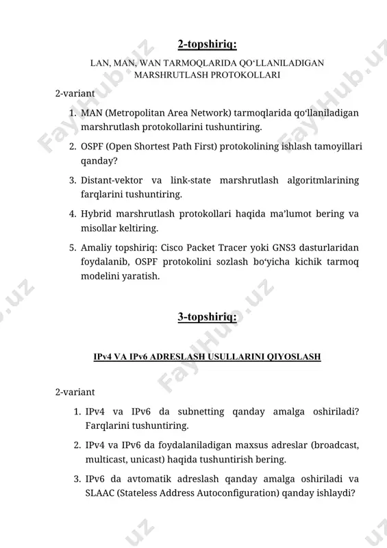 o‘llaniladigan protokollar va ilovalar 1. ftp va sftp protokollarining ishlash tamoyillari ftp (file transfer protocol): ishlash tamoyili: ftp – bu fayllarni tarmoqlar orqali uzatish uchun ishlatiladigan eski protokol. u mijoz-server arxitekturasi asosida ishlaydi. mijoz (client) faylni yuklaydi yoki serverdan yuklab oladi. port: 21-port orqali ishlaydi. kamchilik: ma’lumotlar ochiq matnda yuboriladi, bu xavfsizlikni pasaytiradi. sftp (ssh file transfer protocol): ishlash tamoyili: sftp esa ssh (secure shell) orqali ishlaydi va barcha ma’lumotlar shifrlanadi. bu ftp’ning xavfsiz muqobili hisoblanadi. port: 22-port orqali ishlaydi. afzallik: shifrlash sababli xavfsizroq va zamonaviy tizimlarda keng qo‘llaniladi. 2. dns (domain name system) protokolining vazifalari va ishlash prinsipi vazifasi: dns domen nomlarini ip manzillarga aylantiradi. masalan, siz www.google.com ni yozsangiz, dns bu nomni 142.250.190.4 kabi ip manzilga o‘zgartiradi. ishlash prinsipi: 1. foydalanuvchi domen nomini kiritadi. 2. dns resolver so‘rov yuboradi. 3. root dns serverga murojaat qiladi. 4. keyinchalik tld (top level domain, masalan .com) serverga boriladi. 5. nihoyat, to‘liq …