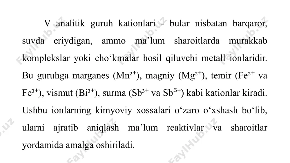 kislota-asosli muhitda o‘ziga xos xatti-harakat ko‘rsatadi. sb³⁺ ionlari kuchsiz asoslarda sb (oh)₃ shaklida oq rangli cho‘kma hosil qiladi. bu cho‘kma ham havo kislorodi yoki oksidlovchi reagentlar ta’sirida oksidlanib sb(oh)₅ shakliga o‘tadi, bu esa besh valentli surma ionlariga mos keladi. sb⁵⁺ ionlari esa kuchli kislotalarda barqaror bo‘lib, fosfatlar bilan murakkab komplekslar hosil qiladi. ularning aniqlanishi uchun ko‘pincha ko‘k rangli yoki to‘q yashil rangli komplekslar hosil qiluvchi reaktivlardan foydalaniladi. sb ionlari uchun sezgir reaksiya hisoblanadigan yodid bilan o‘zaro ta’sir natijasida sariq cho‘kma hosil bo‘lishi ham kislota-asosli metodlarga xos reaksiyadir. 1. magniy (mg²⁺) ionlari ammoniy gidroksid bilan reaksiyaga kirishib, mg (oh)₂ ko‘rinishida oq rangli cho‘kma hosil qiladi. bu cho‘kma kuchli asoslarda eriydi. 2. marganes (mn²⁺) ionlari ammoniy gidroksid bilan reaksiyaga kirishib, mn (oh)₂ ko‘rinishida och pushti rangli cho‘kma hosil qiladi. havodagi kislorod ta’sirida bu cho‘kma mno₂ (jigarrang) ga aylanishi mumkin. 3. temir (fe²⁺ va fe³⁺) ionlari ammoniy gidroksid bilan reaksiyaga kirishib, fe (oh)₂ …