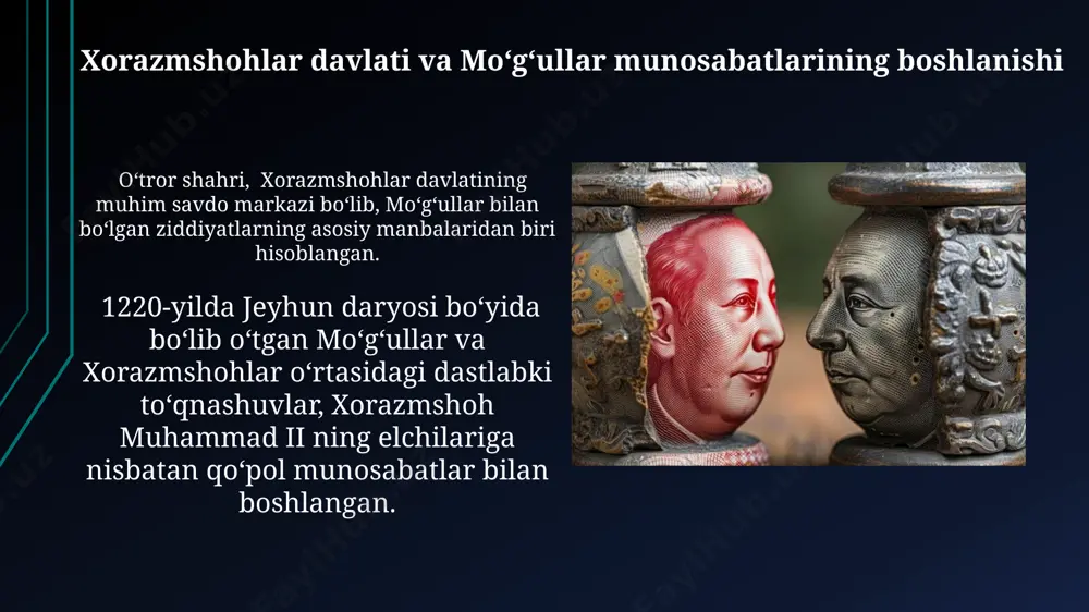 ryo boʻylaridagi urushlarda xorazmshohlar armiyasi mongol qoʻshinlarining yuqori harbiy texnologiyalari va son jihatdan ustunligiga qarshilik koʻrsata olmadi. jeyhun va sirdaryo oraligʻidagi qonli janglarda yuz minglab odamlar halok boʻlib, xorazmning tarixiy markazlari vayron boʻldi. xorazmshohlar davlatining qulashi xorazmshoh muhammad ii ning qochishi va keyinchalik 1220-yilda orol dengizi yaqinida vafot etgani imperiyaning tezkor parchalanishiga olib keldi. mongol istilosidan soʻng xorazm viloyatlari vayron boʻlib, aholi soni sezilarli darajada kamaydi, dehqonchilik va savdo-sotiq yillar davomida tiklanmadi. savdo va diplomatiya munosabatlari 1218 yilda juchining xorazmshoh muhammad ii ga yuborgan elchisi o'zining 100 dan ortiq kishidan iborat karvoni bilan o'rta osiyodagi yo'llardan o'tib, savdo-diplomatik muzokaralar olib borishga urinib ko'rgan, ammo bu muzokaralar muvaffaqiyatsiz yakunlangan. mo'g'ullar bilan savdo-sotiq munosabatlarini rivojlantirish maqsadida xorazmshohlar davlati elchixonalar yuborib, diplomatik aloqalarni mustahkamlashga harakat qilgan, ammo bu harakatlar ko'pincha 2-3 yil ichida natija bermagan. e'tiboringiz uchun rahmat @taqdimot_robot image1.jpg image2.jpg image3.jpg image4.jpg image5.jpg image6.jpg image7.jpg image8.jpg image9.jpg image10.jpg image11.jpg image12.jpg image13.jpg image14.jpg …
