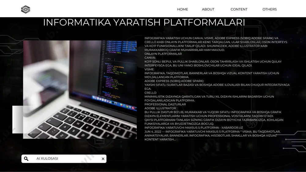 , ranglar va formatlash imkoniyatlari. 5. animatsiya yaratish grafik elementlar va matnlar uchun animatsiyalar qo‘shish imkoniyati. 6. bepul va pullik resurslar cheksiz bepul rasmlar, ikonalar va elementlar, shuningdek, premium materiallarni sotib olish imkoniyati. 7. hamkorlik va eksport dizaynlarni pdf, png, jpg va mp4 formatlarida saqlash, hamkorlar bilan real vaqt rejimida ishlash va loyihalarni bo‘lishish. 8. ko‘p tillilik va platformalararo foydalanish veb versiyasi va mobil ilovalari yordamida har qayerda ishlash imkoniyati. umuman olganda, crello/vistacreate — grafik dizayn tajribasiga ega bo‘lmagan foydalanuvchilar uchun oddiy va qulay vosita bo‘lib, ijtimoiy tarmoqlar uchun vizual kontent ishlab chiqishda juda mashhur. yordamchi. uz c adobe spark video — bu adobe systems kompaniyasi tomonidan ishlab chiqilgan ipad va iphone qurilmalari uchun video tahrirlovchi hikoya qilish ilova[1]. u harakatlanuvchi grafikalar, audioyozuvlar, musiqa, matn va fotosuratlarni birlashtiradi va qisqa animatsion videolarni ishlab chiqarish uchun ishlatiladi. ushbu veb hamda mobil uchun creative cloud express ilovasini oʻz ichiga olgan adobe creative …