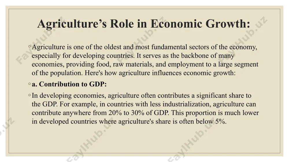 verty and enhancing economic development. the impact of economic growth on agriculture: economic growth can also have a reciprocal effect on agriculture. here’s how economic growth benefits the agricultural sector: investment in technology and innovation: economic growth can increase investments in agricultural technology, innovation, and research. improved seeds, advanced irrigation techniques, and modern machinery can boost productivity in agriculture, leading to higher crop yields and better resilience against climate change. infrastructure development: economic growth allows for greater investment in rural infrastructure, such as better roads, storage facilities, and transportation networks. this enables farmers to access markets more efficiently, reduce post-harvest losses, and expand their reach to national and international markets. challenges facing agriculture in economic growth: climate change: agricultural productivity is highly sensitive to climate conditions. climate change, with unpredictable weather patterns, droughts, floods, and rising temperatures, can negatively impact crop yields and livestock production, hindering growth and development. land …