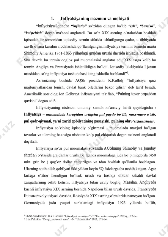 da pul tizimidagi inqiroz holat asosida yuzaga chiqqan. inflyatsiya (lotincha «inflation» so’zidan olingan va shishish, ko’pchish, ko’tarilish ma’nosini anglatadi) o’z mohiyatiga asosan pulning qadrsizlanishi, tovar va xizmatlarga bo’lgan baholarning muntazam ravishda oshib borishi jarayonini anglatadi. shuni ta’kidlash lozimki, rivojlangan mamlakatlar tajribasi inflyatsiya nisbatan me’yor darajasidagi pul massasi holatida ham yuzaga chiqishi mumkin. 7 1- jadval qayd etilishicha, inflyatsiya sur’ati asosan yilning ikkinchi yarmida tartibga solinadigan narxlarning erkinlashtirilishi (21,6 foizga o’sishi), shuningdek, 2018 yil avgust oyidagi milliy valyuta devalvatsiyasi natijasida tezlashgan. 2018 yil davomida narxlarni yuqori o’sishi un va non mahsulotlari (24,8 foiz), go’sht mahsulotlari (23,4 foiz), meva va sabzavotlar (14,5 foiz) hamda yo’lovchi transporti (13 foiz) sohalarida kuzatildi. 2019 yilning oktyabr-dekabr oylarida choraklik inflyatsiya darajasi 2018 yilning mos davri bilan taqqoslaganda 5,7 foizdan 5 foizgacha sekinlashdi. sabzavotlar (14,5 foiz) hamda yo’lovchi transporti (13 foiz) sohalarida kuzatildi. inflyatsiyaning asosiy sababi - bu xalk xujaligining turli sohalari urtasida vujudga kelgan nomutanosiblikdir. bu …