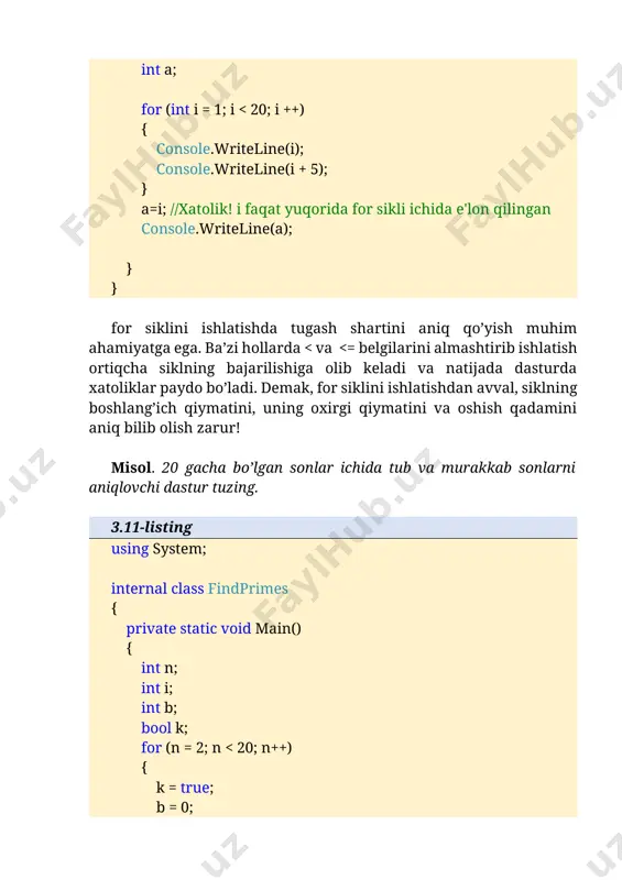 ’ri kelib qoladi. shuning uchun break operatori qo’llaniladi. bu operatorning vazifasi takrorlash tanasi ichida qandaydir shart bajarilsa, u holda bu tanadan chiqishni bajarib beradi. bu operatorni switch shart operatorida ham ishlatgan edik. demak, uning mohiyati aynan shart bajarilmasa “chiqib ketish” ga asoslangan. break operatori qo’llash natijasidan ayrim ortiqcha sikllardan xalos bo’lish mumkin. buni quyidagi misolda ko’rishimiz mumkin. misol. 100 gacha bo’lgan sonlar ichida uchga qoldiqsiz bo’linuvchi dastlabki 20 ta sonni toping. 3.18-listing using system; internal class whiledemo { private static void main() { int i, n = 0; for (i = 1; i 20) //agar uning soni 20 tadan oshsa demak sikldan chiqib ketish break; } } } dasturda for siklining juda ko’p ortiqcha siklidan xalos bo’lingan. bunda hisoblagich sifatida n o’zgaruvchisi olingan va har safar uning 20 taga yetganini nazorat qilib turilgan. agar u 20 tadan oshgani hamonoq dastur for siklidan tashqariga chiqqan. xuddi shu kabi bu operatorni while …