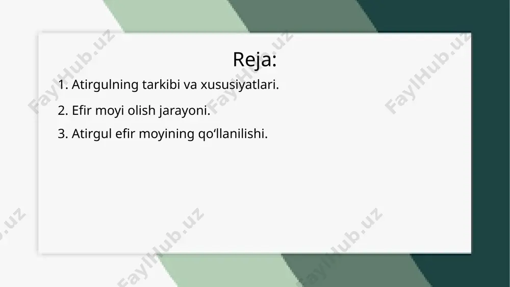 iladi va moyning tozaligi va tarkibi baholanadi. tayyor efir moyi maxsus idishlarda qorong‘u joyda saqlanadi. atirguldan efir moyi olish jarayoni asosan bug‘ bilan distillatsiya qilish orqali amalga oshiriladi. yig‘ilgan atirgul gullari issiq bug‘ orqali qaynatilib, moy va suv ajratiladi. gullar to‘liq ochilmagan, yangi bo‘lishi kerak, chunki ularni to‘plaganda efir moyi eng yuqori miqdorda bo‘ladi. distillatsiya jarayonida atirgul gullari bug‘ bilan qaynatiladi, bu orqali efir moyi ajraladi. olingan efir moyi va suv aralashmasi sovutiladi, va efir moyi yuqori qatlamda ajratiladi. tayyor efir moyi sifatini tekshirish uchun tahlillar o‘tkazilib, uning xususiyatlari va tozaligi aniqlanadi. so‘ngra efir moyi maxsus shisha idishlarga quyilib, qorong‘u va sovuq joyda saqlanadi. etiboringiz uchun rahmat! image1.png image2.jpeg image3.jpeg /docprops/thumbnail.jpeg