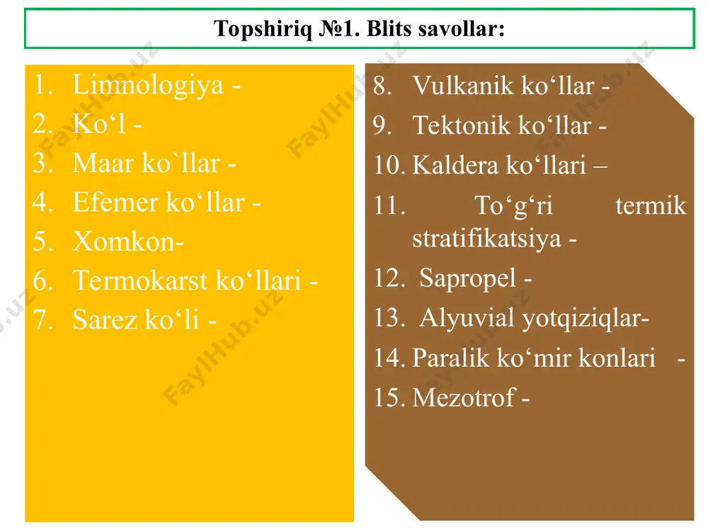 diy bo‘ylab, 60 km masofaga cho‘zilgan. pomirdagi yashilko‘l ham xuddi shunday turdagi ko‘llar sirasiga kiradi. ko‘l suvining kimyoviy tarkibi: ko‘l suvining ichimlik sifati, uning tarkibidagi turli erigan tuzlarning miqdoriga bog‘liq. ushbu ko‘rsatkichga ko‘ra yer yuzidagi barcha ko‘llar to‘rt guruhga bo‘lib o‘rganiladi: 1) chuchuk ko‘llar (minerallanishi 0-1 g/l); 2) sho‘rtob ko‘llar (minerallanishi 1dan-24,7 g/l gacha); 3) sho‘r ko‘llar (minerallanishi 24,7dan-47 g/l gacha); 4) mineral ko‘llar (minerallanishi 47 g/l dan ortiq). ko‘l yotqiziqlari: ko‘l yotqiziqlari ham ma’lum miqdorda dengiz yotqiziqlariga o‘xshab ketadi. sapropellar (organik qatlamlar) kaustik qatlamlar (kislorodsiz holatda shakllangan yarim suyuq ko`rinishdagi yonuvchi chirindilar); allyuvial (daryo) yotqiziqlar. e'tiboringiz uchun raxmat