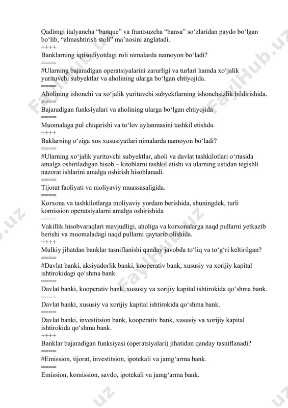 i oldidagi majburiyatlarini o‘z vaqtida bajarmasa. ==== aholi va mijozlarning kreditga, ayniqsa naqd pulga bo‘lgan talabining to‘liq va o‘z vaqtida qondirilmasa. ==== mijozlarning hisobvaraqlari bo‘yicha mablag‘lar qoldig‘i va aylanmalari haqida bank sirining ta’minlanmasa. ++++ ibodatxonalar tomonidan hisobga olish operatsiyalarining yuzaga kelishiga sabab nima? ==== #operatsiyalar hajmi va ularda ishtirok etuvchilar sonining ko‘payishi ==== insonlarning dunyoqarashi ortganligi ==== ayirboshlash munosabatlarining rivojlanishi ==== pulning bir shakldan boshqa bir shaklga o‘zgarishi ++++ savdo uylari qaysi operatsiyalarni amalga oshirishgan? ==== #tovarlarni sotib olish va sotish bo‘yicha komission operatsiyalar; ssudalar berish; mijozni nomidan to‘lovlarni amalga oshirish; ishonch operatsiyalari ==== tovarlarni sotib olish va sotish bo‘yicha komission operatsiyalar; depozit jalb qilish ==== omonat; ssudalar berish; mijozni nomidan to‘lovlarni amalga oshirish; ishonch operatsiyalari ==== mijozni nomidan to‘lovlarni amalga oshirish ++++ xitoy markaziy banki bu ………… ==== #xitoy xalq banki ==== xitoy milliy banki ==== xitoy banki ==== xitoy davlat banki ++++ qozog’iston markaziy banki bu ………… ==== …