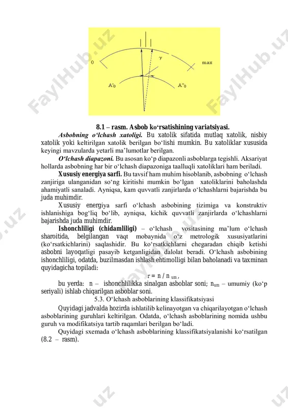 himiz lozim bo‘ladi. o‘zgartirish funksiyasi – buni analogli o‘lchash asboblarida shkala tenglamasidan ham bilishimiz mumkin. tanlanayotgan asbobda o‘zgartirish funktsiyasi chiziqli bo‘lishi qaydnomalarni olishni osonlashtiradi, sub’ektiv xatoliklarni esa kamaytiradi. sezgirligi. umuman sezgirlik – bu o‘lchash vositasining tashqi signalga nisbatan ta’sirchanligi, sezuvchanligidir. umumiy holda sezgirlik o‘lchash vositasining chiqish signali orttirmasini, kirish signali orttirmasiga nisbatidan aniqlanadi: ;x/yx/ylims 0x     bevosita ko‘rsatuvchi asboblar uchun sezgirlik asbob qo‘zg‘aluvchan qismining og‘ish burchagini o‘lchanadigan kattalik bo‘yicha birinchi hosilasi bo‘lib, quyidagicha ifodalanadi: s = d /dx, bu yerda d – asbob qo‘zg‘aluvchan qismining og‘ish burchagi. sezgirlik ostonasi – bu o‘lchanadigan kattalikning shunday eng kichik. (boshlang‘ich) qiymatiki, u o‘lchash asbobining chiqish signalini sezilarli o‘zgarishiga olib keladi. s = хmin/хnоm*100 %, bu yerda, хmin – o‘lchanadigan kaggalikning eng kichik (boshlang‘ich) qiymatidir. asbob ko‘rsatishining variatsiyasi – o‘lchanayotgan kattalikning biror qiymatini, o‘lchash sharoitini o‘zgartirmagan holda, takror o‘lchaganda hosil bo‘ladigan eng katta farqdir va u quyidagicha aniqlanadi (5.1 – rasm): …