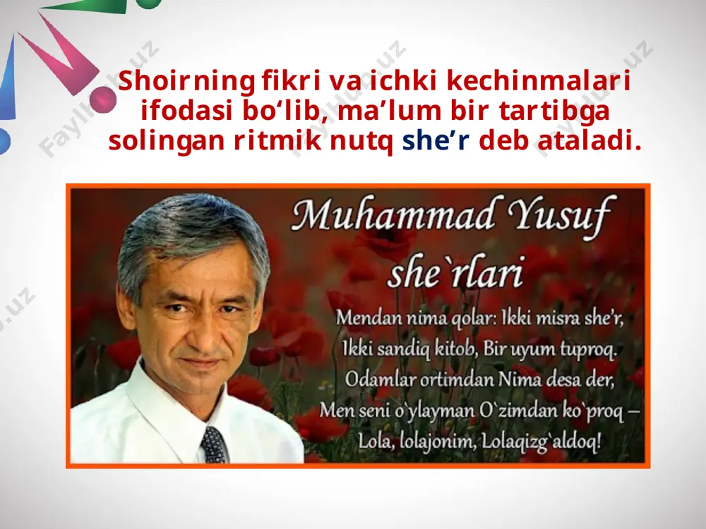 she’r oxirigacha qat’iy saqlanadi. misralari bilan boshlanuvchi she’rida barcha toq misralardagi bo‘g‘inlar miqdori bir xil va barcha juft misralardagi bo‘g‘inlar miqdori boshqacha xil ko‘rinishga ega. masalan, mirtemirning alisherga alla aytib uxlatgan – 11 bo‘g‘in sen – ona. – 3 bo‘g‘in og‘ushida bobur kamolga yetgan – 11 bo‘g‘in sen – ona, – 3 bo‘g‘in barmoq she’r tizimida misralardagi bo‘g‘inlarning muayyan guruhlarga bo‘linishi turoq deb ataladi. bo‘g‘inlarning qanday ko‘rinishda turoqlarga bo‘linishi esa she’rning o‘ziga xos ohangini keltirib chiqaradi. image2.jpeg image3.png image4.jpg image5.jpeg image6.jpeg image7.png image8.jpeg image9.jpeg image10.jpeg image11.jpeg image12.jpeg image13.jpeg image14.jpeg image15.jpeg image16.png image1.jpg