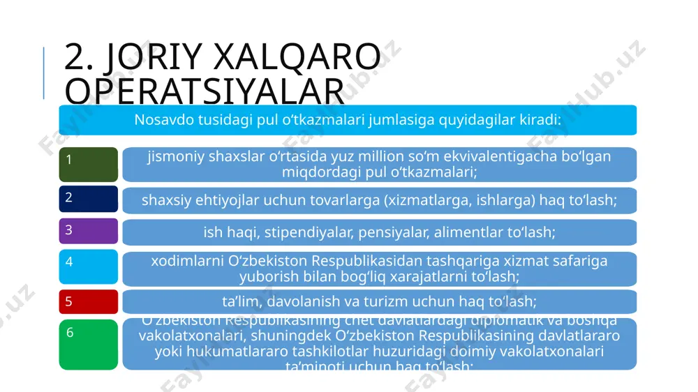 arida ochilgan hisobvaraqlariga nosavdo operatsiyalar bo‘yicha o‘tkazmalar; transport tashkilotlari hamda o‘zbekiston respublikasi hududidan tashqarida turgan jismoniy shaxslar, shuningdek yuridik shaxslarning filiallari, vakolatxonalari va boshqa bo‘linmalari o‘rtasida yo‘lovchilar tashishga oid shartnomalar bo‘yicha hisob-kitoblar bilan bog‘liq operatsiyalar; 4. rezidentlar o‘rtasidagi valyuta operatsiyalari rezidentlar o‘rtasidagi valyuta operatsiyalariga quyidagilar amalga oshirilayotganda yo‘l qo‘yiladi: agar oxirgi xaridor yoki sotuvchi norezident bo‘lsa, vositachilar (vakillar) tomonidan majburiyatlar kliring natijalari bo‘yicha bajarilishi lozim bo‘lgan shartnomalarni tuzish va bajarish bilan bog‘liq xizmatlarni ko‘rsatish chog‘ida vositachilar (vakillar) va komitentlar (ishonch bildiruvchilar) o‘rtasidagi operatsiyalar; majburiyatlar bajarilishining ta’minoti sifatida valyuta qimmatliklaridan foydalanish, shuningdek ularni undirish bilan bog‘liq operatsiyalar; yuridik shaxslarning ustav fondiga (ustav kapitaliga) valyuta qimmatliklarini kiritish va qaytarish bilan bog‘liq operatsiyalar; bank xizmatlarini amalga oshirish bilan bog‘liq operatsiyalar; xayriya faoliyati bilan bog‘liq operatsiyalar; meros huquqi bo‘yicha valyuta qimmatliklarini olish bilan bog‘liq operatsiyalar. 4. norezidentlar o‘rtasidagi valyuta operatsiyalari norezidentlar joriy xalqaro operatsiyalar bilan bog‘liq o‘tkazmalarni o‘zbekiston respublikasi hududidan tashqaridagi banklardagi hisobvaraqlaridan o‘zbekiston …