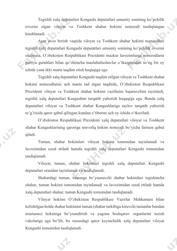 zbekiston respublikasi vazirlar mahkamasi bilan kelishilgan holda shahar hokimini tuman (shahar tarkibiga kiruvchi tumanlar bundan mustasno) hokimiga bo’ysundirish va yagona boshqaruv organlarini tuzish vakolatiga ega bo’lib, bu xususdagi qaror keyinchalik xalq deputatlari viloyat kengashi tomonidan tasdiqlanadi. xalq deputatlari kengashi va hokimlarning vakolat muddati — besh yil. (2-modda matni o’zbekiston respublikasining 2007 yil 11 apreldagi o’rq-90-sonli qonuni tahririda — o’r qht, 2007 y., 15-son, 153-modda) 3-modda. o’zbekiston respublikasining mahalliy davlat hokimiyati to’g’risidagi qonunlari mahalliy davlat hokimiyati organlarining faoliyati o’zbekiston respublikasining konstitutsiyasi, ushbu qonun va o’zbekiston respublikasining boshqa qonun hujjatlari bilan tartibga solinadi. qoraqalpog’iston respublikasida xalq deputatlari tuman, shahar kengashlari va tegishli hokimlarning faoliyati o’zbekiston respublikasining konstitutsiyasi, ushbu qonun va qoraqalpog’iston respublikasining qonunlari bilan tartibga solinadi. 4-modda. hokimiyat vakillik organlari va hokimlarning o’zini o’zi boshqarish organlari bilan o’zaro munosabatlari xalq deputatlari viloyat, tuman, shahar kengashi va viloyat, tuman, shahar hokimi tegishli hududda o’zini o’zi boshqarishni rivojlantirishga ko’maklashadilar, o’zini o’zi boshqarish organlarining faoliyatini …
