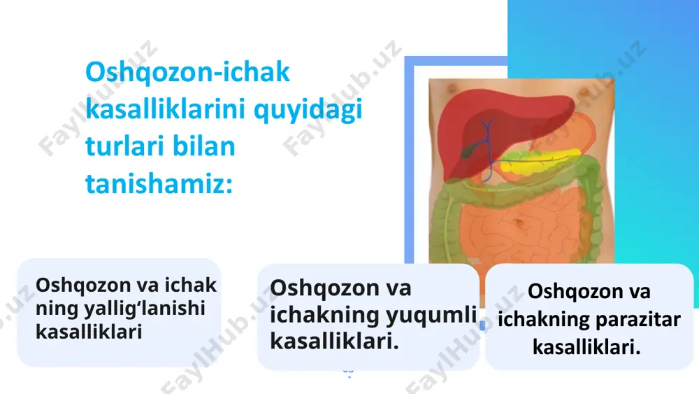 rug' kabi xavfli kasalliklar paydo bo’lishi mumkin. odam organizmi ovqat hazm qilish yo‘llarida kasallik tug‘diruvchi mikro- organizmlarga qarshi himoya vositalari mavjud. shu jumladan, so‘lak tarkibi­dagi lizotsim, oshqozon shirasi tarkibidagi xlorid kislota va jigar ishlab chiqa­radigan o‘t suyuqligi ko‘pchilik mikroorganizmlami yo‘q qiladi. ammo bu mod­dalar organizmni to‘la-to‘kis himoya qilolmaydi. kasallik tug‘diruvchi mikroor­ganizmlar tez ko‘payib ketganida va organizmning himoya vositalariga chidamli mikroorganizmlar paydo bo'lganida ularga qarshi kurashish uchun turli xil dorilardan foydalaniladi. ichak infeksiyalariga qarshi kurashda antibiotiklardan foydalaniladi. lekin antibiotiklar kasallik tug‘diruvchi bakteriyalar bilan birga foydali bakteriyalar, masalan, ichak tayoqchasi bakteriyasini ham o‘ldiradi. shu sababdan antibiotik dorilardan faqat shifokor nazorati ostida foydalanish zarur. ichakdagi foydali mikroorganizmlar kamayib qolganida ovqat hazm bo‘lishi izdan chiqishi mumkin. 07 +123 456 789 sut-qatiq mahsulotlari, sabzavot, meva va yirik tortilgan undan tayyorlangan mahsulotlar foydali ichak florasini ko‘paytirib, ovqat hazm bo‘lishini izga tushirishga yordam beradi. 08 oshqozon va ichakning parazitar kasalliklari “parazit chuvalchanglarning tuxumlari va lichinkalari bilan zararlangan …