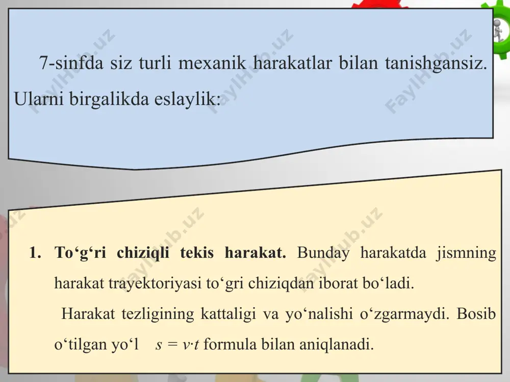ezlik bilan oqim yo‘nalishida harakatlantiradi. bu misollarda jismning ikkita harakatda qatnashayot ganligi ko‘rinib turibdi. shunday savol tug‘iladi. kemaga o‘z dvigatelining tortish kuchi tufayli berilgan v1 tezlik daryoning oqish tezligiga bog‘liqmi? uchib ketayotgan samolyotdan tashlangan yukning tushish vaqti samolyot tezligiga bog‘liqmi? tajribalar shuni ko‘rsatadiki, kemaning tezligi suvning oqish tezligiga, samolyotdan tashlangan yukning tushish vaqti samolyot tezligiga bog‘liq emas! bundan shunday xulosa kelib chiqadi. jism qatnashayotgan harakatlar mustaqil bo‘lib, ularning harakat tezligi (tezlanishi) bir-biriga bog‘liq emas. bunga harakatlarning mustaqillik prinsipi deyiladi. shunga ko‘ra istalgan murakkab harakatga, oddiy harakatlarning yig‘indisi deb qarash mumkin. bu harakatlar bir-biriga ta’sir ko‘rsatmaydi. agar ulardan biri o‘z harakatini o‘zgartirsa yoki butunlay to‘xtatsa, boshqasiga buning ta’siri bo‘lmaydi. aynan mana shu prinsip asosida biz o‘rganayotgan jarayondagi vektor kattaliklarni alohida tashkil etuvchilarga ajratamiz. ularni koordinata o‘qlariga proyeksiyalash ham shu prinsipga asoslangan. tezlik vektorlarini qo‘shib natijaviy tezlikni chiqarish ham shu prinsip asosida bo‘ladi. shunga asosan bir nechta harakatda qatnashgan jism harakati uchun …