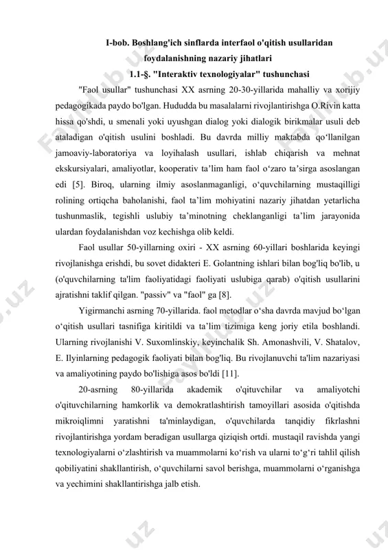o'lib, u (o'quvchilarning ta'lim faoliyatidagi faoliyati uslubiga qarab) o'qitish usullarini ajratishni taklif qilgan. "passiv" va "faol" ga [8]. yigirmanchi asrning 70-yillarida. faol metodlar o‘sha davrda mavjud bo‘lgan o‘qitish usullari tasnifiga kiritildi va ta’lim tizimiga keng joriy etila boshlandi. ularning rivojlanishi v. suxomlinskiy, keyinchalik sh. amonashvili, v. shatalov, e. ilyinlarning pedagogik faoliyati bilan bog'liq. bu rivojlanuvchi ta'lim nazariyasi va amaliyotining paydo bo'lishiga asos bo'ldi [11]. 20-asrning 80-yillarida akademik o'qituvchilar va amaliyotchi o'qituvchilarning hamkorlik va demokratlashtirish tamoyillari asosida o'qitishda mikroiqlimni yaratishni ta'minlaydigan, o'quvchilarda tanqidiy fikrlashni rivojlantirishga yordam beradigan usullarga qiziqish ortdi. mustaqil ravishda yangi texnologiyalarni o‘zlashtirish va muammolarni ko‘rish va ularni to‘g‘ri tahlil qilish qobiliyatini shakllantirish, o‘quvchilarni savol berishga, muammolarni o‘rganishga va yechimini shakllantirishga jalb etish. bugun biz maktab o‘quvchilarining o‘quv jarayonida nafaqat faol, balki tashabbuskorlik pozitsiyasini egallashlari uchun imkoniyatlar yaratilishini ta’minlashi kerak bo‘lgan kursga o‘tilayotganiga guvoh bo‘lmoqdamiz. interfaol o'qitish usullari ana shu talablarga eng yaxshi javob beradi. interfaolning asosiy afzalliklari quyidagilardan …