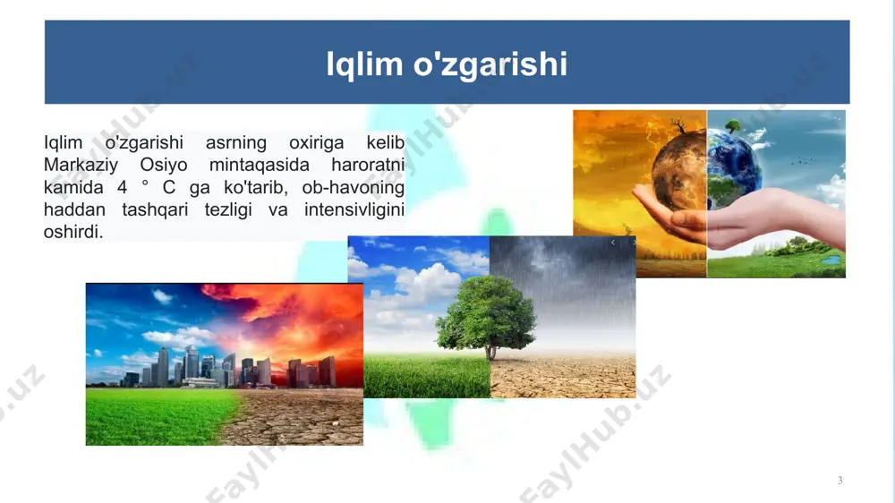meteorologik stantciya va postlar meteorologik stantsiyalarda ma'lum bir ketma-ketlikda yagona usuldan foydalangan holda doimiy meteorologik o'lchov va kuzatuvlar (ob-havo va iqlimni kuzatish) olib boriladi. 19 meteorologik stantciya va postlar meteorologik stantsiyalarda yig'ilgan ma'lumotlar gidrometeorologiya markaziga yoki boshqa iste'molchilarga etkaziladi 20 gidrologik stantciya va postlar 21 gidrologik stantciya ma’lum xodimlar statiga ega bo’lgan davlat tashkiloti va gidrometeorologiya tarmog'ining suv havzalari va hududlarining gidrologik rejimini kuzatadigan va o'rganadigan bo'linmasi gidrologik postlar suv ob’ektining tegishli qismida kuzatish va o’lchash ishlarini amalga oshirish maqsadida tanlangan, maxsus qurilmalar bilan jixozlangan joy 1 2 21 gidrologik stantciya razryadlari i-razryadli ii-razryadli suv ob’yektlarining gidrologik rejimi elementlari to’la o’rganiladi. ii razryadli stantsiyalarda amalga oshiriladigan suv o’lchash va kuzatish ishlarini nazorat qilib boradi, ularga raxbarlik qiladi. suv ob’yektlarida to’g’ridan-to’g’ri o’lchash va kuzatish ishlarini amalga oshiradi, gidrometrik ma’lumotlarni birlamchi qayta ishlaydi ii razryadli gidrologik stantsiyalar o’ziga biriktirilgan gidrologik postlarga mas’ul hisoblanadi. 22 2 1 3 gidrologik postlar razryadlari i-razryadli ii-razryadli …