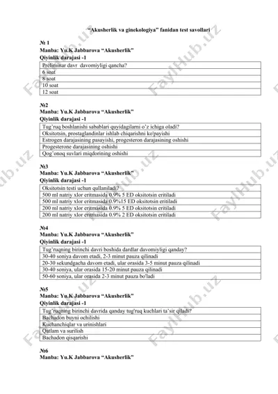 “akusherlik va ginekologiya” fanidan test savollari — DOCX