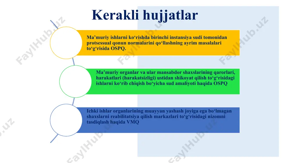 i. sudga murojaat qilayotgan paytda arizaga ushbu kodeksning 130-moddasida ko‘rsatilgan hujjatlar, shuningdek nizolashilayotgan normativ-huquqiy hujjatning matni ilova qilinadi. idoraviy normativ-huquqiy hujjatni haqiqiy emas deb topish to‘g‘risida sudga ariza berilganligi nizolashilayotgan hujjatning yoki uning ayrim qoidalarining amal qilishini to‘xtatib turmaydi. idoraviy normativ-huquqiy hujjatni haqiqiy emas deb topish to‘g‘risida sudga ariza berilganligi nizolashilayotgan hujjatning yoki uning ayrim qoidalarining amal qilishini to‘xtatib turmaydi. bu vaziyatda shaxsning huquqlari qanday himoya qilinadi? dastlabki himoya choralari qo‘llanishi mumkin! idoraviy normativ-huquqiy hujjatni haqiqiy emas deb topish to‘g‘risidagi ishni ko‘rib chiqish xususiyatlari idoraviy normativ-huquqiy hujjatni haqiqiy emas deb topish to‘g‘risidagi ish nizolashilayotgan hujjatni qabul qilgan organ vakillarining majburiy ishtirokida ko‘rib chiqiladi. idoraviy normativ-huquqiy hujjatni haqiqiy emas deb topish to‘g‘risidagi ish sud tomonidan hay’at tarkibida ko‘riladi. sud idoraviy normativ-huquqiy hujjatni haqiqiy emas deb topish to‘g‘risidagi ishni ko‘rishda uning to‘laligicha yoki muayyan qismi nisbatan yuqori yuridik kuchga ega bo‘lgan qonunchilik hujjatiga muvofiqligini, shuningdek nizolashilayotgan normativ-huquqiy hujjatni qabul qilgan organning vakolatlarini …