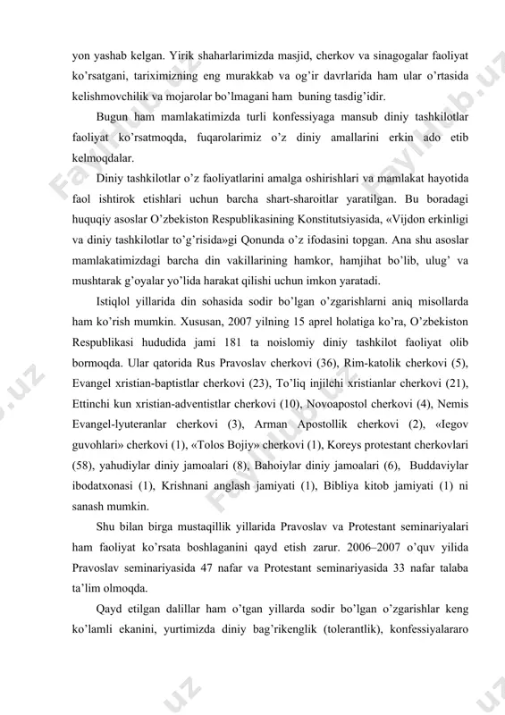 lan missionerlar va ularning homiylari u yoki bu davlatdagi diniy muvozanatni izdan chiqarish, soxta insonparvarlik yordami ko’rsatish bahonasida o’z ta’sir doiralarini kengaytirishga intilmoqdalar. 2 diniy sеktalar faоliyatining оqibatlari va missiоnеrlikning milliy hayotga tahdidi. asrlar davomida yurtimizda mehr-muruvvat va oqibat, ezgulik va yaxshilik, tinchlik va do’stlik g’oyalariga asoslanadigan, ularni targ’ib etadigan turli dinlarga e’tiqod qiladigan kishilar hamkor va hamjihat yashab kelgan. xususan, qadimdan diyorimizda islom, nasroniylik, iudaizm kabi dinlar yonma-yon yashab kelgan. yirik shaharlarimizda masjid, cherkov va sinagogalar faoliyat ko’rsatgani, tariximizning eng murakkab va og’ir davrlarida ham ular o’rtasida kelishmovchilik va mojarolar bo’lmagani ham buning tasdig’idir. bugun ham mamlakatimizda turli konfessiyaga mansub diniy tashkilotlar faoliyat ko’rsatmoqda, fuqarolarimiz o’z diniy amallarini erkin ado etib kelmoqdalar. diniy tashkilotlar o’z faoliyatlarini amalga oshirishlari va mamlakat hayotida faol ishtirok etishlari uchun barcha shart-sharoitlar yaratilgan. bu boradagi huquqiy asoslar o’zbekiston respublikasining konstitutsiyasida, «vijdon erkinligi va diniy tashkilotlar to’g’risida»gi qonunda o’z ifodasini topgan. ana shu asoslar mamlakatimizdagi …