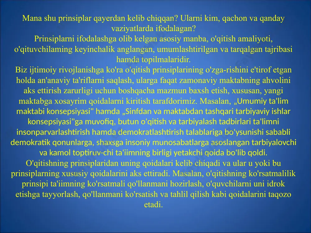 irish mumkinligini bilish. 4. fanning faktlari hamda qonuniyatlarini ravshan va chuqur tushunish, o'quv materialiarining bola ongida qayta ishlanishi va uning o'z boyligiga aylanishi, olingan bilimlarni hayotda qo'llay bilish. ta'limda onglilik va faollik qoidasi ko'rsatmalilik prinsipi bihshning birinchi pog'onasi — jonli mushohada, ya'ni te-varak-atrofdagi narsalarva hodisalarni idrok etishdir. ko'rsatmalilik prinsipi idrok etishni osonlashtirishi va nazariy bilimlarni hayot, amaliyot bilan bog'lash imkonini beradi. bu prinsip o'rganilayotgan hodisalarga qiziqishni oshiradi, bilimlarni puxtaroq egallashga yor-dam beradi. ibn sinoning qayd qilishicha, inson o'zining o'quv mashg'u-lotlari boshlanishida, narsaning tashqi xossalarini o'rganishda, uning aslini va tasvirini ko'rib, o'zicha bevosita bilimlarni hosil qilishi mumkin. har qanday fanda awalo, narsalarning ta'rifi zarur. ularning mavjudligini esa pirovard natijada isbotlash vositasida bili-nadi, chunki ular mazkur fan aniqlaydigan hodisalardan iborat bo'ladi1. ibn sinoning ana shu xulosasi o'qitishdagi ko'rsatma-lilikning faqat bir jihatini yoritadi, xolos. xulosada awalo inson mavjud narsalarni yoki ularning tasvirlarini idrok etishi tufayli unda obyektiv voqelik to'g'risida tasawur hosil bo'lishi va …