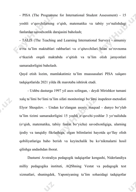 ok etuvchi о‘quvchilar soni mamlakatdagi jami 15 yoshli о‘quvchi-yoshlarning 2 foizi miqdorida saylanma tarzda shakllantiriladi. shundan kelib chiqilganda har bir davlatdan 4500 nafardan 10 ming nafargacha о‘quvchi ishtirok etgan. sobiq ittifoq mamlakatlaridan rossiya, latviya, litva, estoniya, qirg‘iziston, qozog‘iston qatnashdi. ular orasidagi eng yaxshi kо‘rsatkich estoniyalik о‘quvchilarga tegishli, garchi mazkur mamlakat yoshlari ilk marotaba ishtirok qilgan 2006 yilda 516 ball jamg‘arib, 11-о‘rinni egallagan bо‘lsa-da, 2015 yilda bu kо‘rsatkich tegishli tartibda 534 ball va uchinchi о‘ringa kо‘tarildi. ma’lum bо‘ldiki, 2015 yilgi tadqiqotlardan keyin dunyo bо‘yicha birinchi, ikkinchi va tо‘rtinchi о‘rinlarni qit’adoshlarimiz - singapur, yaponiya va xitoy taypeyi о‘quvchi-yoshlari egallagan. pisa xalqaro baholash dasturi testlari uch yilda bir marotaba о‘tkazilib, о‘quvchilar bilimi uchta asosiy yо‘nalish bо‘yicha, 1000 ballik tizimda baholanadi. har galgi monitoring jarayonida yuqorida sanalgan uchta yо‘nalishdan biriga alohida e’tibor qaratiladi. masalan, 2000 yilda tadqiqotning asosiy yо‘nalishi о‘qish savodxonligiga, 2003 yil matematik savodxonlikka, 2006 yilda esa tabiiy fanlar savodxonligiga qaratilgan. bu holat …