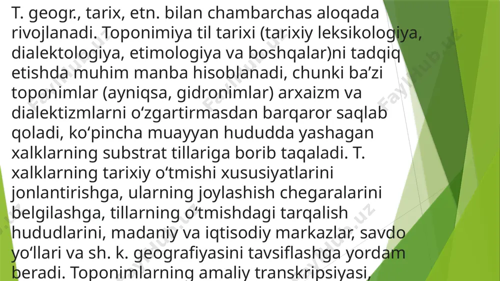 on bo'lgan dovon nomi. hozirgacha dovon nomining etimologiyasi haqida mutaxassislar orasida yagona xulosa yo'q. bunday nomlarni sinchiklab o'rganish, ilmiy etimologiyasini aniqlash soha mutaxassislari oldida turgan muhim vazifalardan biridir joy nomlari tarkibidagi qashqa so'zi arxaiklashgan koshka so'zining tovush o'zgargan ko'rinishidir. toponimlar tarkibidagi qashqa so'/ini sifat, belgi bildiruvchi qashqa so'zining ma'no xususiyatlari bilan izohlash va unga nisbat berish xatodir. toponimikada ma'nosi unitilgan, tilning hozirgi holati bilan izohlash qiyin bo'lgan so'zlarni, ularga o'xshash boshqa so'zlarga nisbat berib izohlash toponimik illyuziya deyiladi. toponimik illyuziva - bu xalqona etimologiya va u ilmiy haqiqatdan yiroqdir. qashqadaryo gidroninii va qashqa komponentli toponimlarni etimologik jihatdan quyidagicha izohlash kerak deydi. e’tiboringiz uchun rahmat image1.jpeg image2.jpeg image3.jpeg /docprops/thumbnail.jpeg