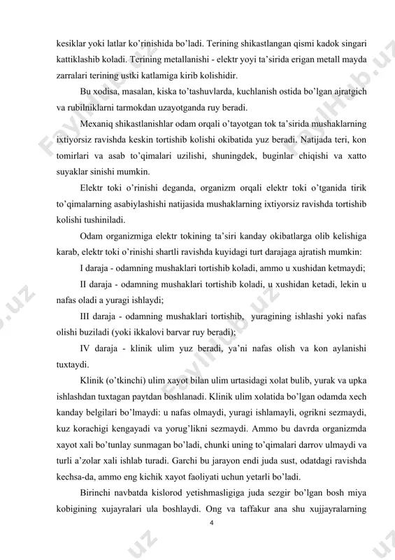 xolat bulib, yurak va upka ishlashdan tuxtagan paytdan boshlanadi. klinik ulim xolatida bo’lgan odamda xech kanday belgilari bo’lmaydi: u nafas olmaydi, yuragi ishlamayli, ogrikni sezmaydi, kuz korachigi kengayadi va yorug’likni sezmaydi. ammo bu davrda organizmda xayot xali bo’tunlay sunmagan bo’ladi, chunki uning to’qimalari darrov ulmaydi va turli a’zolar xali ishlab turadi. garchi bu jarayon endi juda sust, odatdagi ravishda kechsa-da, ammo eng kichik xayot faoliyati uchun yetarli bo’ladi. birinchi navbatda kislorod yetishmasligiga juda sezgir bo’lgan bosh miya kobigining xujayralari ula boshlaydi. ong va taffakur ana shu xujjayralarning faoliyatiga boglik. shu sababli klinik ulimning davom etish vaqti yurakning ishlashi va nafas olish tuxtagan paytdan to bosh miya xujayralari ula boshlaydigan paytga kadar o’tadigan vaqt bilan aniqlanadi. kup xollarda bu vaqt 4-6 mino’t, soglom kishilarda tosodifan elektr toki urishi natijasida ulganda esa 7-8 mino’tni tashkil etadi. biologik (xakikiy) ulim kaytarib bo’lmaydigan xodisa bulib,bunda organizm xujayralari va to’qimalarida biologik jarayonlar tuxtaydi. ellektr tokidan …