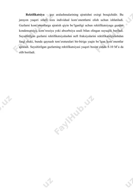 lish qoidasiga mos keladi, ya'ni aralashmani ularni mol’ sarfi bo’yicha teng fraksiyalarga ajratish usuliga. 2. qaynash tem’eraturalari yaqin bo’lgan kom’onentlar yuqori tozalikka ega bo’lganda sxemada oxirgi bosqichda ajratib olinadi. keltirilgan qoidalarga binoan barqarorlanmagan benzinni ajratish uchun (fr. c2h6 dan va yuqori) quyidagi gazni fraksiyalash qurilmasini texnologik sxemasi qo’llaniladi: (rasm). 8-rasm. gazni fraksiyalash qurilmasining texnologik chizmalari - ‘asayib boruvchi bosimli (a) - ko’’ayib boruvchi bosimli (b) - aralashma bosimi (v) agarda rektifikatsiya kolonnasi yuqori qismidan chiqayotgan ‘arlarni kondensirlash uchun xavo yoki suv ishlatilsa, unda bosim 1, 2, 3 kolonnalarda rasmda ko’rsatilgandek qzgartiriladi. ‘ast tem’eraturali kondensatsiya jarayonni gazdan benzin fraksiyasini ajratib olish uchun qo’llanilsa, unda deetanizatorda maxsus sovutish agentlari (ammiak, ‘ro’an va butan) qo’llaniladi. bunda deetanizatorda xarorat -100s bo’lganda bosim 4 m’a dan 2 m’a gacha ‘asayadi. h‘asayib boruvchi bosimli sxemalarda suyuqlikni kolonnadan-kolonnaga o’tishi ortiqcha bosim yordamida amalga oshiriladi. ko’tarilib boruvchi sxemada esa nasoslar yordamida amalga oshiriladi. tajribada eng ko’’ qo’llaniladigan usul …