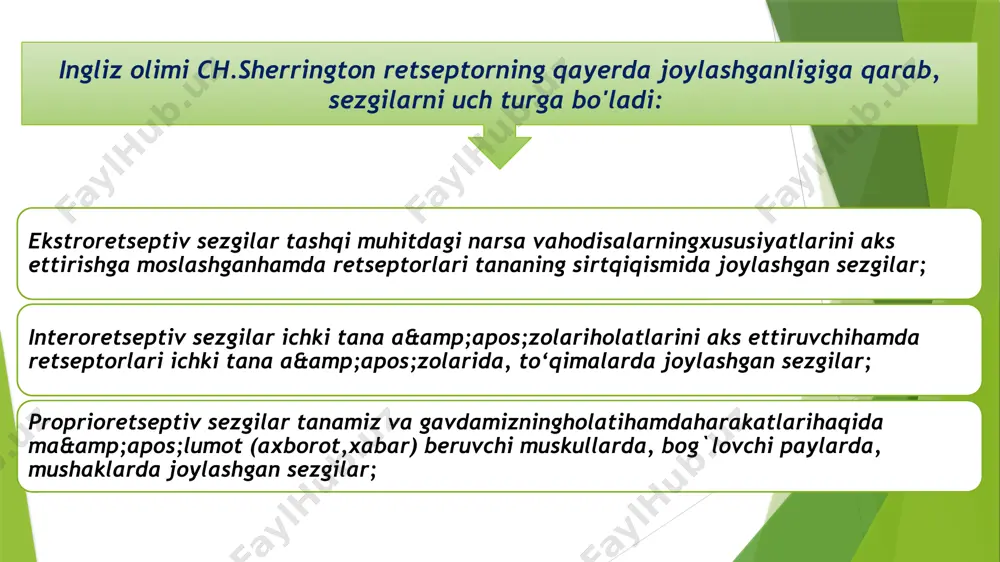 ganlari sezgirligining qo'zg’atuvchi ta'siri ostida o'zgarishi. adaptatsiya (yoki moslashish) ikki turga bo'linadi: a) negativ adaptatsiya; b) pozitiv adaptatsiya. pozitiv adaptatsiyada kuchsiz qo`zg’atuvchi ta’siri ostida sezgirlik oshadi. ko'rish analizatorida pozitiv adaptatsiya, qorong’ulik adaptatsiyasi deyiladi. negativ adaptatsiya ikki xil bo'ladi: a) qo’zg’atuvchining davomiy ta'siridan sezgirlik yo‘qoladi. masalan, qo’limizga yuk qo’yilsa sezamiz, ammo vaqt o'tishi bilan sezmay qolamiz. b) kuchli qo’zg’atuvchi ta'siridan sezgirlikning susayishi. sensibilizatsiya – analizatorlarning o'zaro munosabati va mashq qilish natijasida sezgirlikning kuchayishidir. sensibilizatsiyaning adaptatsiyadan farqi: adaptatsiyada sezgirlik oshadi yoki kamayadi, sensibilizatsiyada esa faqat oshadi; adaptatsiyada sezgirlikning o'zgarishi tashqi chegaralarga bog’liq bo'lsa, sensibilizatsiyada psixologik, fiziologik holatlarga bog’liq bo'ladi. limon kompyuter miya poyezd ayiq kitob qalampir “men nima ko’ryapman?” psixologik o’yini 3 0 23 8 72 1 15 56 18 6 04 7 “ko’rib eslab qolish” psixologik o’yini e’tiboringiz uchun tashakkur! image1.png image2.png image3.jpeg