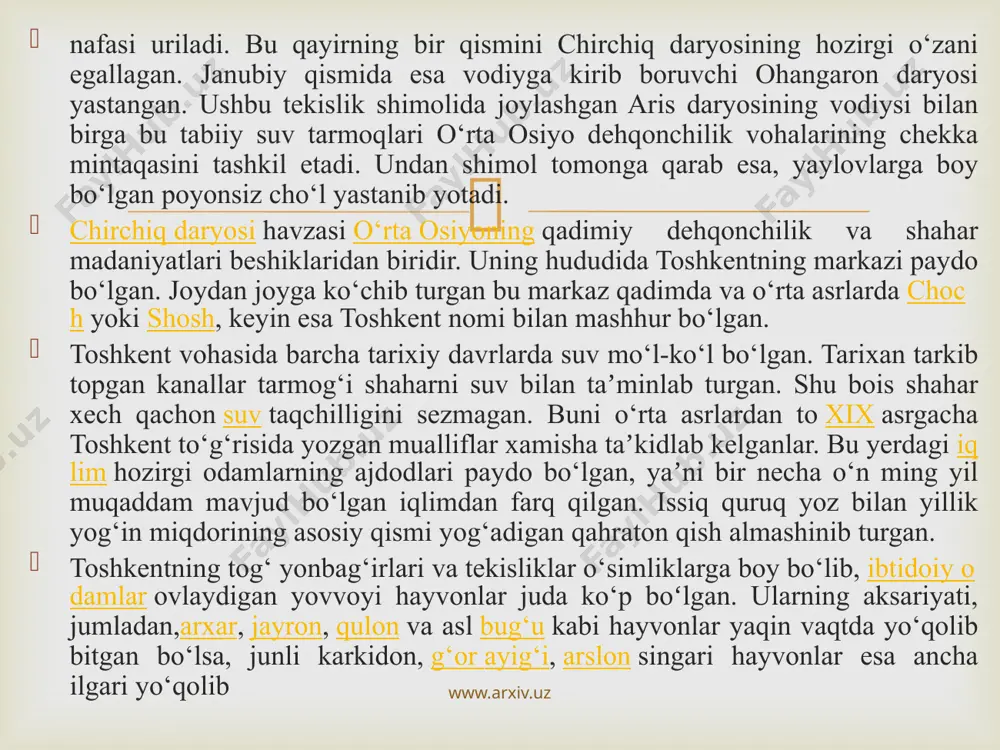 ikdan boshlab, bu hudud dastlabki chorvadorlar tomonidan o‘zlashtira boshlashgan. ular ish asboblari va jezdan qurollar tayyorlashni o‘rganganlar. arxeologlar toshkent shahri hududi va uning atrofida chorvadorning ko‘pdan ko‘p qabrlari hamda qo‘rg‘onli dahmalarini topganlar. bu joylarda dafn etilganlarning yoniga jezdan yasalgan ish asboblari, qurollar, zeb-ziynatlar va qo‘lda yasalgan idishlar ham qo‘yilgan. toshkent shahri hududida bunday qabristonlar hozirgi shampan vinosi zavodi yaqinidan, shuningdek, qoraqamish arig‘i bo‘yidan topilgan. sirg‘alida esa dasht www.arxiv.uz  www.arxiv.uz  chorvadorlari va yilqichilarining manzili bo‘lganligi aniqlangan. bu yerdan ish qurollaridan tashqari burama halqali jez bilaguzuklar ham topilgan oʻzbekiston mustaqillikka erishgach, toshkentda oʻzbekistonning boshqa viloyat va shaharlarida boʻlgani kabi boshqaruvning tarixiy-milliy shakli — hokimlikoʻrnatildi. 1991-yil 18-noyabrda oʻzbekiston respublikasi oliy kengashining „oʻzbekiston respublikasi poytaxti — toshkent shahri maqomi va davlat hokimiyati organlari toʻgʻrisida“gi qaroriga muvofiq toshkentda hokim lavozimi joriy etildi. toshkent shahar hokimi prezident tomonidan tayinlanadi va lavozimidan ozod qilinadi hamda xalq deputatlari shahar kengashi tomonidan tasdiqlanadi. shahardagi tumanlarning hokimlari shahar …