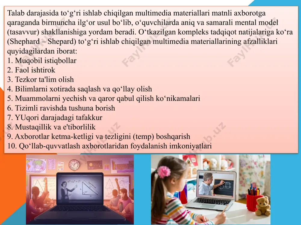 rinsiplarga rioya qilinsa, axborotlarni xotirada saqlab qolishga va o’zatishga multimedia qanday ta'sir etishini ko‘rsatishdir. ushbu prinsiplar o‘z avvalini ishchi xotiraning chegaralanganligi haqidagi fikrlar va o’zoq muddatli xotirada kodlash prinsiplari to‘g‘risidagi ilm-fan tasavvurlaridan boshlagan. tamoyil tavsifi multimedia matn va grafikadan foydalangan holdagi ta'lim faqatgina matndan foydalangan holdagi ta'limdan yaxshiroq. fazoviy bog’liqlik matn va grafikadan foydalangan holda olib borilayotgan ta'limda grafikaning va izohlovchi matnning yonma-yon joylashtirilishi maqbul. vaqt bo’yicha bog’liqlik matn va grafikadan foydalangan holda olib borilayotgan ta'limda grafika va izohlovchi matnning ekranda biridan so‘ng biri emas, balki bir vaqtning o‘zida aks ettirilishi yaxshiroq. mantiqiylik ta'lim jarayonida matn, grafika yoki ovozlarning haddan ziyod ortiq bo‘lmaganligi ma'qul. modallik ta'lim jarayonida ekrandagi animatsiyaning matn bilan izohlanishidan ko‘ra suxandon ovozi bilan sharhlanishi yaxshiroqdir haddan ziyod ortiqlilik ta'lim jarayonida ekrandagi animatsiyaning matn bilan izohlanishidan ko‘ra suxandon ovozi bilan sharhlanishi yaxshiroqdirta'lim jarayonida ekrandagi animatsiyaning ham suxandon ovozi, ham matn bilan izohlanishidan ko‘ra faqat suxandon ovozi bilan sharhlanishi …