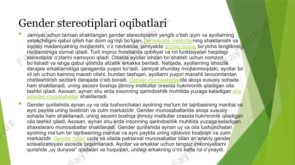 va maqollari • epli boʻlsa ham sepli boʻlsin • ayolning joni qirqta • oʻtirgan qiz oʻrnini topar • bolali xotin - gul xotin, bolasiz xotin - tul • yaxshi oʻgʻil - el obroʻsi, yaxshi qiz - uy obroʻsi • qiz - meniki, baxti- o'zganiki • qiz bola birovning xasmi • qiz bola - palaxmon toshi, qayerga otsang oʻsha yerga tushadi • g'unajin ko'zini suzmasa, buqa ipini uzmas • ayolning aqli uning go'zalligida, erkakning go'zalligi uning aqlida • chiqqan qiz chig'iriqdan nari • ayolning farishtasi, ro'zg'orning sarishtali • kelin qaynona supurgisi foydalanilgan manbalar: image1.emf o ↑ belarusiya davlat universitet \pravoviye garantii i ryealizatsiya printsipov gyendyernogo ravyenstva \prakticheskoe posobie\minsk\izdatelskiy sentr bgu\2018 o ↑ pol/gender: sprav. posobie dlya yuristov. minsk, 2004. s. 11. o ↑ slovar gendernix terminov [elektronniy resurs] / pod red. a. a. denisovoy; regio -nalnaya obщestvennaya organizatsiya „vostok -zapad: jenskie innovatsionnie proekti“. rejim dostupa: http://www.owl.ru/gender/index.htm . data dostupa: 09.10.2017; gendernoe …
