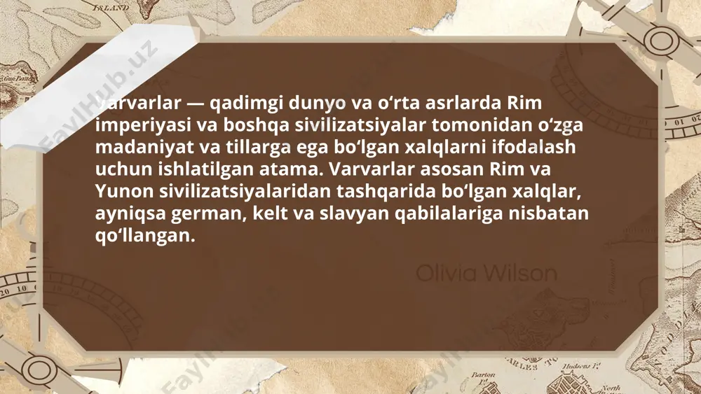 ovaslav shaklda qabul qiligan. iv asr oxiriga kelib varvar bilan rim imperiyasi bilan ochiqdan –ochiq dushmanlik bo’lib qoladi. bu davrga quyi reyn va yutlandiyada anglo-saks qabilalari, o’rta reyn frank qabilalari yuqori reynda alleman qabilari ittifoq tuzadi. qora dengiz mintaqasida 2 ta yirik siyosiy ittifoq paydo bo’ladi. ostog va vestgok xalqlarning buyuk ko‘chishi asosan, milodiy 4-7-asrlarda sodir bo‘lgan katta ko‘chish jarayoni bo‘lib, yevropada ko‘plab varvar qabilalari o‘z joylaridan ko‘chib, yangi hududlarga kirib borgan. bu jarayon yevropaning siyosiy, iqtisodiy va ijtimoiy ko‘rinishini butunlay o‘zgartirdi. xalqlarning bu ko‘chishi natijasida yevropada yangi qirolliklar va davlatlar tashkil topdi. bu ko‘chishning bir qancha muhim sabablari bor edi.?1. iqlim o‘zgarishlari va ekologik omillar?yevropa va osiyoning turli hududlarida 4-5-asrlarda iqlim o‘zgarishlari yuz bergan. qishloq xo‘jaligi imkoniyatlari kamayib, ayrim hududlarda oziq-ovqat yetishmovchiligi kuzatildi. bunday holatlar qabilalarni yangi, unumdor yerlarga ko‘chib o‘tishga undagan. iqlimning sovib ketishi ayrim xalqlarning shimoliy hududlardan janubga ko‘chib o‘tishiga sabab bo‘lgan.?2. ko‘paygan aholi bosimi?ba'zi german va …