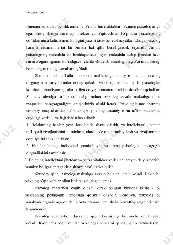 ’siq - bu maktabning pedagogik jamoasiga qo’shila olishdir. bordi-yu, psixolog bu murakkab organizmga qo’shilib keta olmasa, o’z ishida muvaffaqiyatga erishishi dargumondir. psixolog adaptastion davrining qiyin kechishiga bir necha omil sabab bo’ladi. ko’pincha o’qituvchilar psixologni bolalarni qanday qilib tarbiyalashni, qanday yashashni o’rgatuvchi inson sifatida ko’rib, dastlabki kezlardayoq unga nisbatan salbiy ustanovkani shakllantirib oladilar. o’z- o’ziga ishonchi sust bo’lgan o’qituvchilar psixologni go’yo uning kamchiliklarini oshkor etuvchi shaxs sifatida idrok etib, uni qandaydir inspektor sifatida qabul qiladilar. bular esa psixologning maktab sharoitiga tez ko’nikib, maktab hayotiga chuqur singib ketishga halaqit beradi. buning oldini olish uchun psixolog o’qituvchilar bilan o’zaro teng munosabatlarga kirishishi, ikkala taraf ham o’zini bilag’on qilib ko’rsatmasligi, eng muhimi bir-birini raqib deb hisoblamasligi zarur. shunga erishish kerak-ki, o’qituvchilar psixologni ularga yordam bera oladigan boshqa mutaxassis sifatida qabul qilsinlar. maktabdagi ilk qadamlardanoq psixolog ma’muriyatga ularning faoliyat doirasiga nimalar kirmas-ligini,mo’jizalar ko’rsatish uning qo’lidan kelmasligini tushuntirishi lozim. o’qituvchi bilan bo’lgan suhbatda u yoki bu …