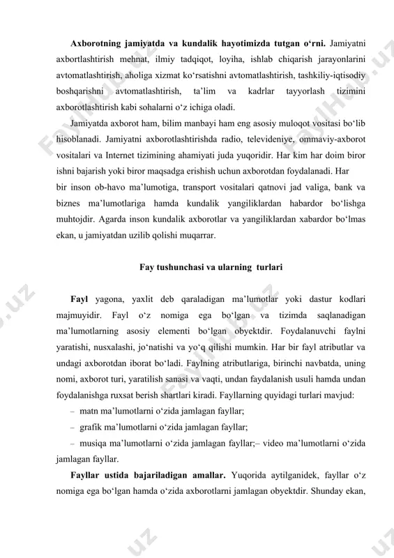 vchi diskdagi maxsus joyga aytiladi. katalog ham faylga o‘xshab nomlanadi, ammo kengaytma ishlatilmaydi. har bir diskda bir nechta katalog bo‘lishi mumkin. kompyuterda ishlash jarayonida «joriy katalog», «o‘zak katalog» degan tushuncha tez-tez ishlatiladi. · joriy katalog shu daqiqida ishlab turgan katalogdir. joriy katalog 1- bosqich, 2- bosqich va h. k. larning bittasi bo‘lishi mumkin. axborot resurslari va axborot tizimlari · o‘zbekiston respublikasining 2003- yil 11- dekabrdagi 560–ii sonli «axborotlashtirish to‘g‘risida»gi qonuniga binoan axborot resurslari va tizimlariga quyidagicha ta’rif berish mumkin. · axborot resurslari – alohida hujjatlar, hujjatlarning alohida to‘plamlari, axborot tizimlaridagi (kutubxonalardagi, arxivlardagi, fondlardagi, ma’lumotlar banklaridagi va boshqa axborot tizimlaridagi) hujjatlar va hujjatlarning to‘plamlaridir. · ommaviy axborot – bunga cheklanmagan doiradagi shaxslar uchun mo‘ljallangan hujjatlashtirilgan axborot, bosma, audio, audiovizual hamda boshqa xabarlar va materiallar kiradi. · axborot tizimi – axborotni to‘plash, saqlash, izlash, unga ishlov berish hamda undan foydalanish imkonini beradigan, tashkiliy jihatdan tartibga solingan jami axborot resurslari, axborot texnologiyalari va …