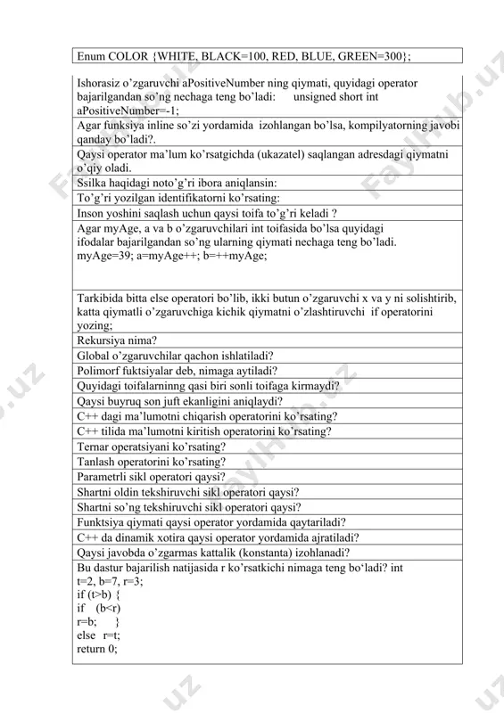 idagi operator bajarilgandan so’ng nechaga teng bo’ladi: unsigned short int apositivenumber=-1; agar funksiya inline so’zi yordamida izohlangan bo’lsa, kompilyatorning javobi qanday bo’ladi?. qaysi operator ma’lum ko’rsatgichda (ukazatel) saqlangan adresdagi qiymatni o’qiy oladi. ssilka haqidagi noto’g’ri ibora aniqlansin: to’g’ri yozilgan identifikatorni ko’rsating: inson yoshini saqlash uchun qaysi toifa to’g’ri keladi ? agar myage, a va b o’zgaruvchilari int toifasida bo’lsa quyidagi ifodalar bajarilgandan so’ng ularning qiymati nechaga teng bo’ladi. myage=39; a=myage++; b=++myage; tarkibida bitta else operatori bo’lib, ikki butun o’zgaruvchi x va y ni solishtirib, katta qiymatli o’zgaruvchiga kichik qiymatni o’zlashtiruvchi if operatorini yozing; rekursiya nima? global o’zgaruvchilar qachon ishlatiladi? polimorf fuktsiyalar deb, nimaga aytiladi? quyidagi toifalarninng qasi biri sonli toifaga kirmaydi? qaysi buyruq son juft ekanligini aniqlaydi? c++ dagi ma’lumotni chiqarish operatorini ko’rsating? c++ tilida ma’lumotni kiritish operatorini ko’rsating? ternar operatsiyani ko’rsating? tanlash operatorini ko’rsating? parametrli sikl operatori qaysi? shartni oldin tekshiruvchi sikl operatori qaysi? shartni so’ng tekshiruvchi sikl operatori …