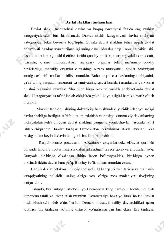 arzi va xalqning jonli tashkilotidir. xalq o’z hayot tarzini tushunishi, aynan "shunday" tashkillashini uddalashi; shu tuzum qonunlarini hurmat qilishi hamda shu tashkilotga ixtiyoriy xissasini qo’shishi zarur. boshqacha aytganda, aynan xalqning jonli huquqiy ongi davlat shaklini ro’yobga chiqaradi, unga hayot, kuch baxshida etadi; binobarin, davlat shakli eng avvalo xalq huquqiy ongi darajasiga, xalq tomonidan to’plangan tarixiy siyosiy tajribaga, uning iroda kuchi va milliy xarakteriga bog’liq". davlat shakli uning mazmun-mohiyati bilan ajralmas har qanday davlat shakli o’zining mazmuni bilan «juft» falsafiy kategoriyalardek bog’lanib ketgan. mazmun davlat hokimiyatining, subyektining taalluqliligini belgilash imkonini beradi va uni kim amalga oshiradi, degan savolga javob qiladi. shaklni tushunish esa dav​lat hokimiyati qanday uyushtirilganligi. qaysi idoralar orqali namoyon bo’lishi, ushbu idoralarning tashkil etilish tartibi qanday bo’lishi, ulardagi vakolatlarning muddati, davlat hokimiyatini amalga oshirish usullarini tushunishga yordam beradi. davlat jamiyatining maxsus tarkibiy hududiy tashkiloti sifatida qanday muayyan shakllarda namoyon bo’ladi? davlat har xil shakllarga ega bo’lishi mumkin huquqiy adabiyotlarda …
