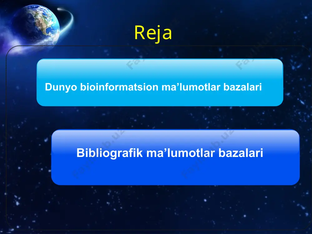 `lumotlar bazasi hisoblanadi. bu ma`lumotlar bazasiga 1984 yilda milliy genetika instituti ?oshidagi informatsion biologiya markazi tomonidan asos solingan (mishima, japan). ddbj mb ga axborotlar birinchi navbatda yaponiyalik olimlar tomonidan taqdim etiladi. mb da yig’ilgan umumiy axborotlarning 75 % sekvenirlangan dnk qismlari va est (expressed sequence tags) deb nomlanuvchi ekspressiyalangan genlar haqidagi ma`lumotlar hisoblanadi. ddbj ma’lumotlar bazasining umumiy interfeysi http://www.ddbj.nig.ac.jp genbank genbank genbank — nuklein kislota ketma –ketliklarining kompyuter fayllari ko’rinishida saqlanishi genbank’ning hajmi: 1982: 680 338 harf 606 ketma –ketlik ichida 1992: 101 008 486 harf 78 608 ketma –ketlik ichida 2002: 28 507 990 166 harf 22 318 883 ketma –ketlik ichida 2004: 44 575 745 176 harf 40 604 319 ketma –ketlik ichida 2005: 56 037 734 462 harf 52 016 762 ketma –ketlik ichida (o’rtacha ~165 000 organizmga tegishli) mutatsiyalar haqidagi ma’lumotlarni biz ma’lumotlar bazasidagi omim va omia dasturlari orqali olishimiz mumkin. bu mutatsiyalar mendel qonunlariga muvofiq …