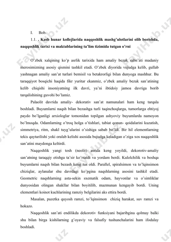 mudaryo boyligi” (oks boyligi) muhim o’rinni egallaydi, hozirgi kunda londondagi britaniya muzeyida saqlanayotgan bu yodgorliklar ichida oltindan yasalgan haykallar, turli ko’za, bilakuzuk, uzuk, muhr, tangalar, oltindan yasalgan arava va qurollar diqqatga sazovordir. buyuk sarkarda iskandar zulqarnayn (aleksandr makedonskiy) eramizdan avvalgi iv asarlarda axamoniylar davlatini tor-mor etib, o’rta osiyo yerlarining ko’pgina qismini o’ziga qaratib oldi. faqat xorazm, farg’ona va sirdaryo bo’yidagi ko’chmanchi qabilalargina o’z mustaqilligini saqlab qoldi. amaliy san’atga bu qadar chuqur falsafiy yondashish natijasida shartlilik, stilizatsiya- ramziylikka asoslangan badiiy bezak asarlari yaratish kuchaygan. ushbu tarixiy omil o’zbek milliy bezak san’atining gurkirab rivojlanishiga turtki bo’lgan va hozirgi jahonga mashhur me’morchilik yodgorliklarimiz ulardagi ganchkorlik, koshinkorlik, naqqoshlik, hattotlik, toshtaroshlik va boshqa turdagi san’atlarning ajoyib darajada uyg’unligidan va mujassamligidan dalolatdir. xalq amaliy bezak san’ati kishilarning ma’naviy olamini boyitadi, badiiy didini shakllantiradi, ruhiyatini tarbiyalaydi. shuning uchun ham o’zbek xalq amaliy san’ati kishilarni badiiy- ahloqiy umuminsoniy tarbiyalab, ularning ilmiy dunyoqarashlarini shakllantirishda, hamda madaniy darajasini oshirishda eng …